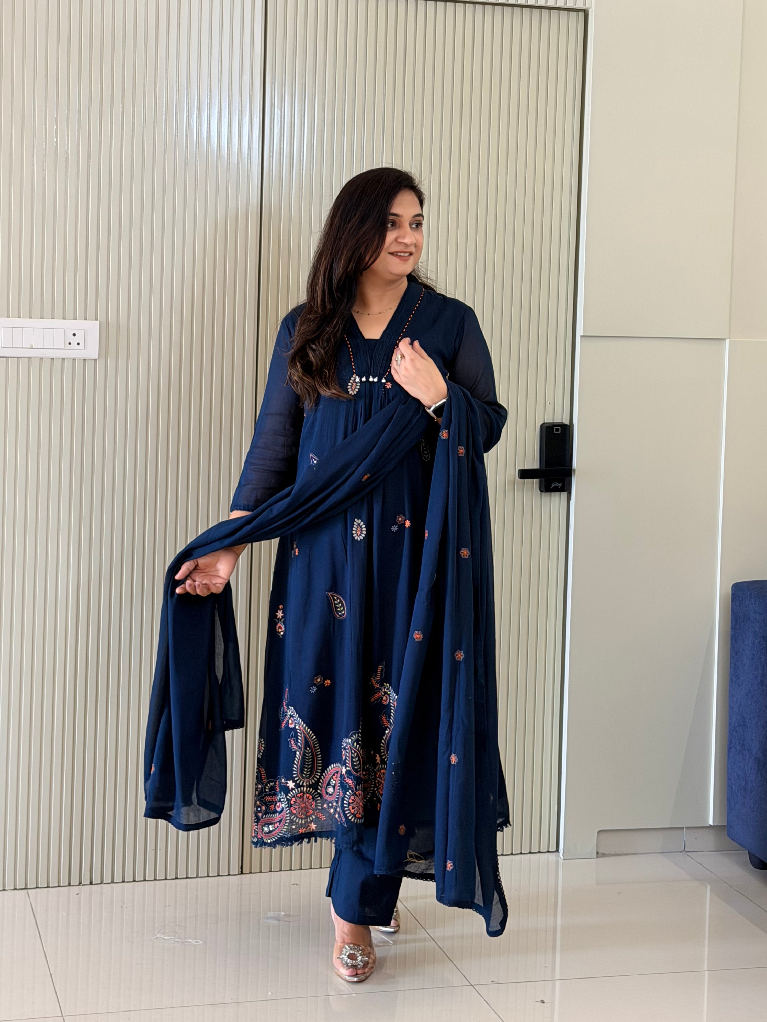 Samya Blue Mul Cotton HandEmbroidered A-line Dupatta Set