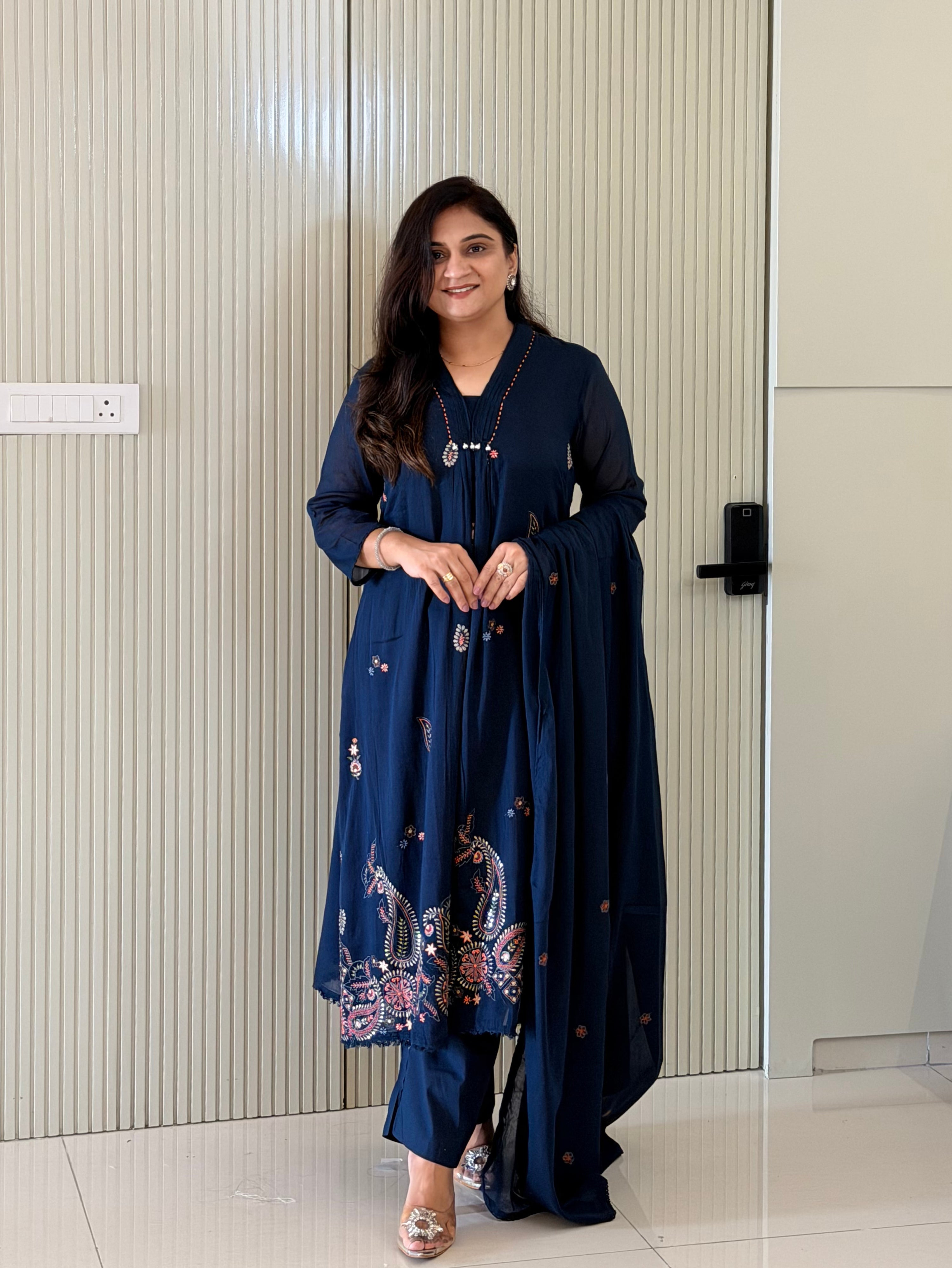 Samya Blue Mul Cotton HandEmbroidered A-line Dupatta Set