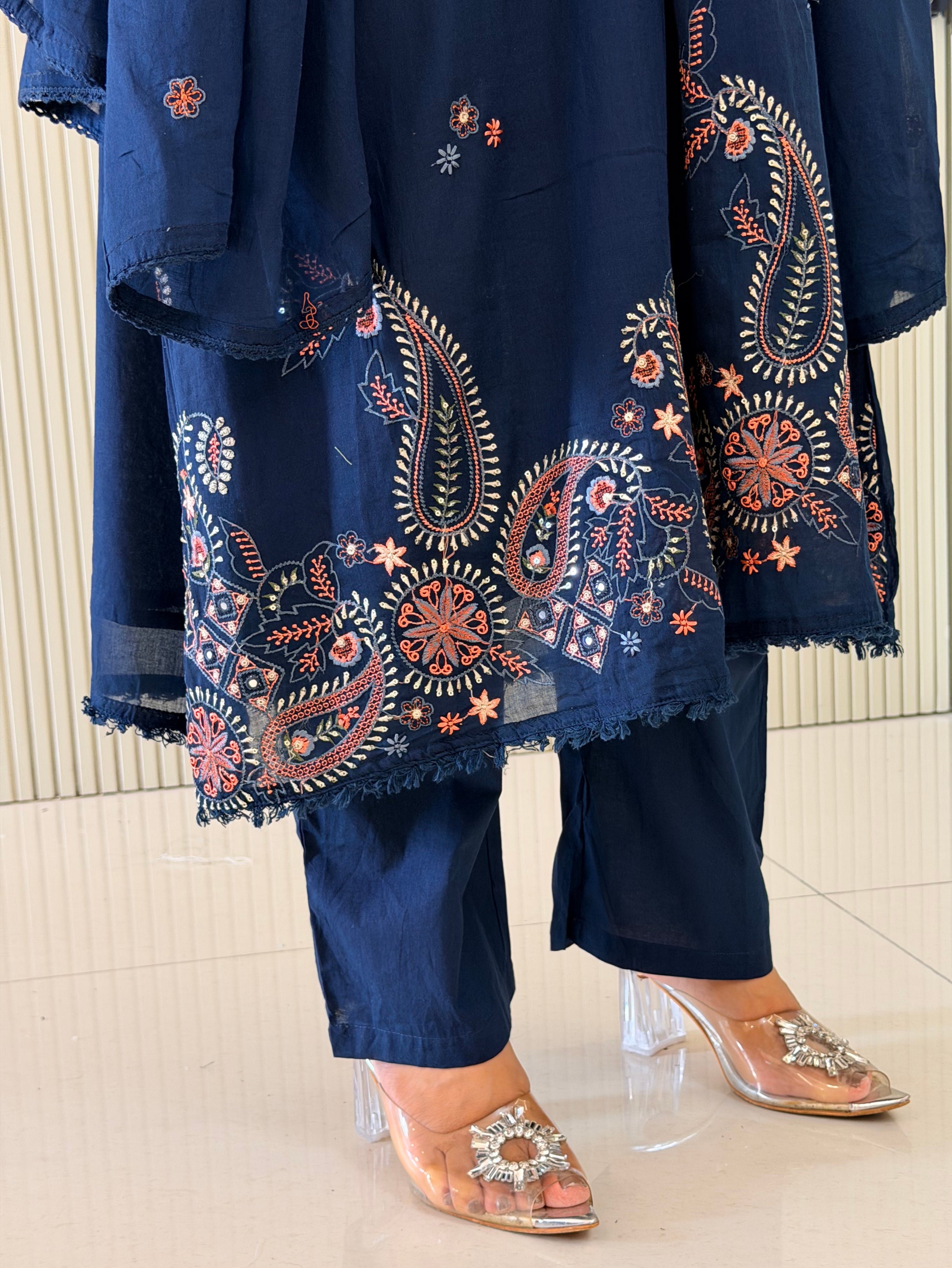 Samya Blue Mul Cotton HandEmbroidered A-line Dupatta Set