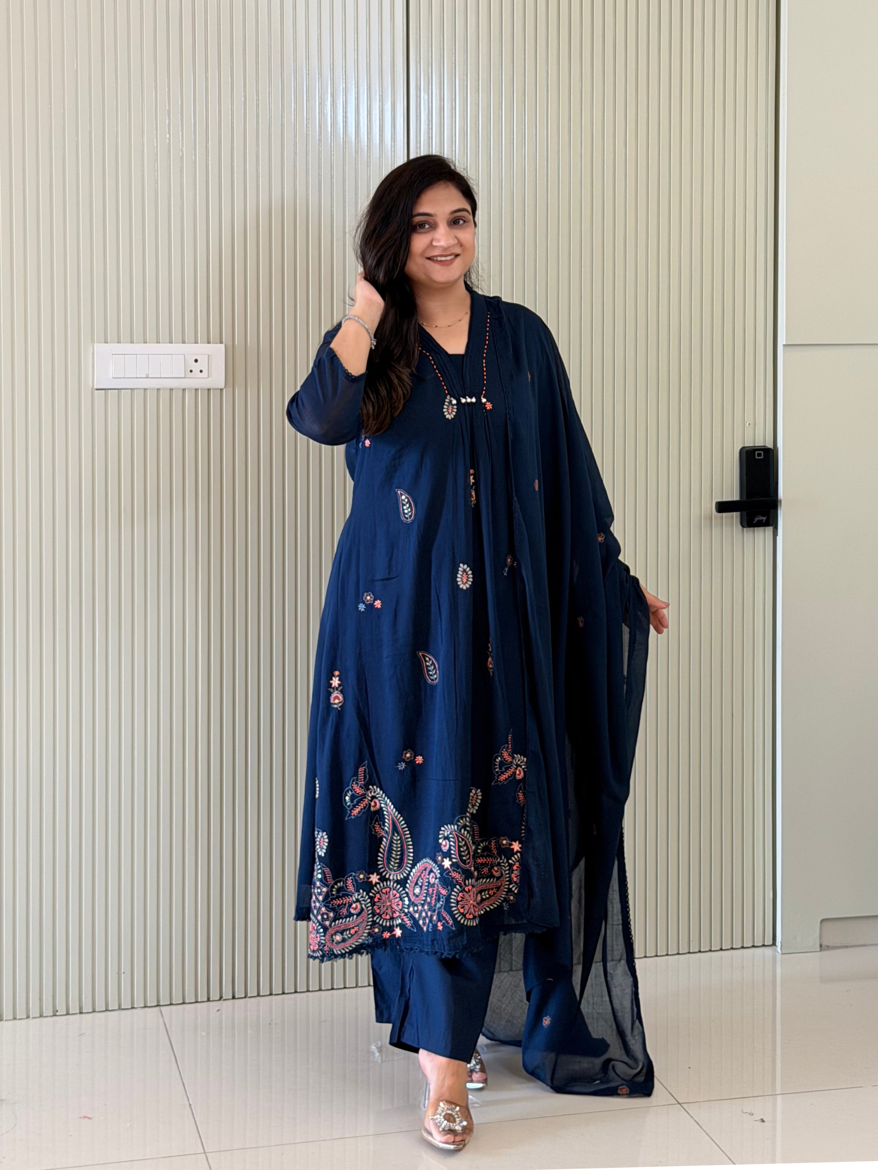 Samya Blue Mul Cotton HandEmbroidered A-line Dupatta Set