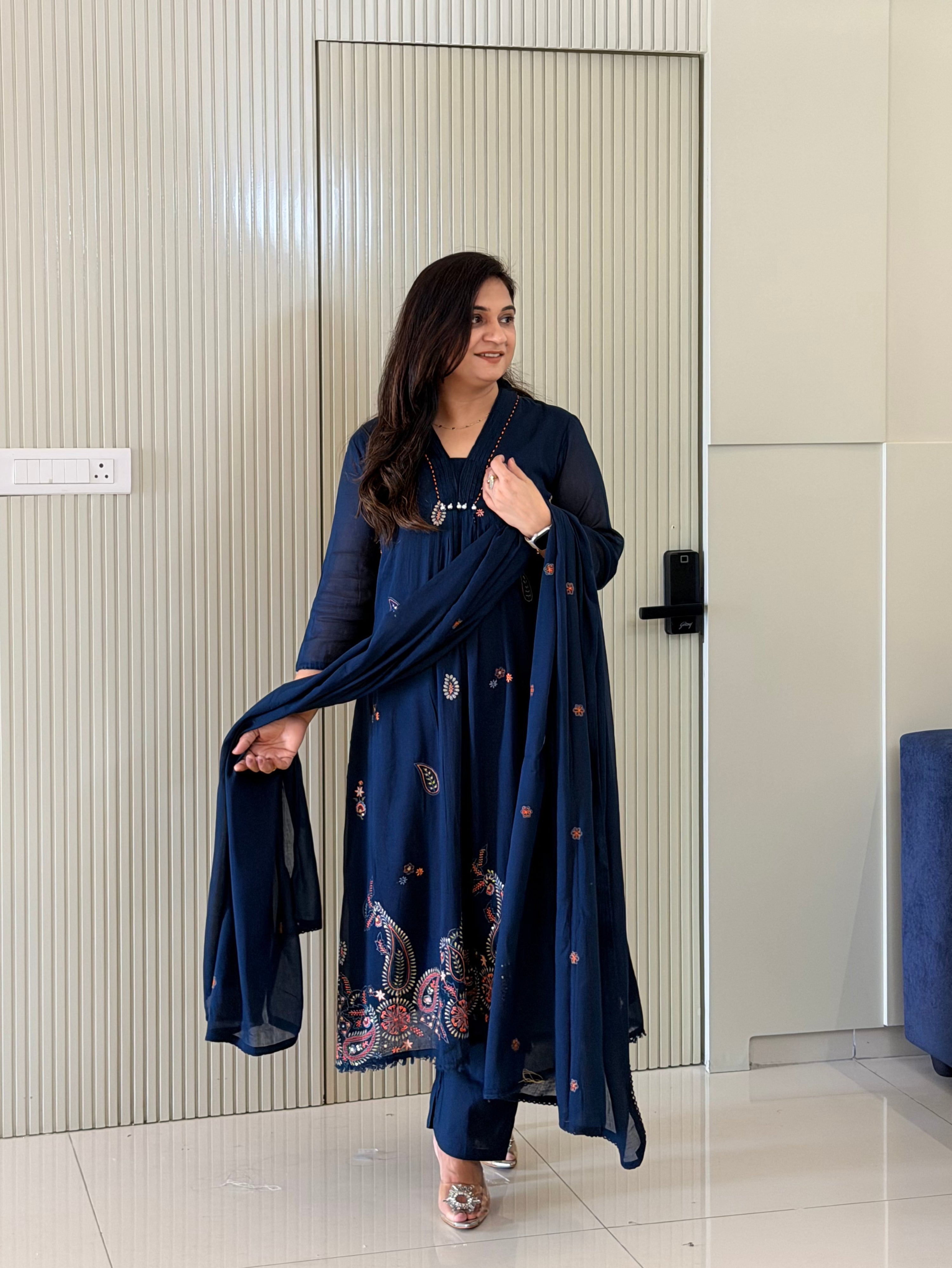 Samya Blue Mul Cotton HandEmbroidered A-line Dupatta Set