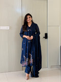 Samya Blue Mul Cotton HandEmbroidered A-line Dupatta Set