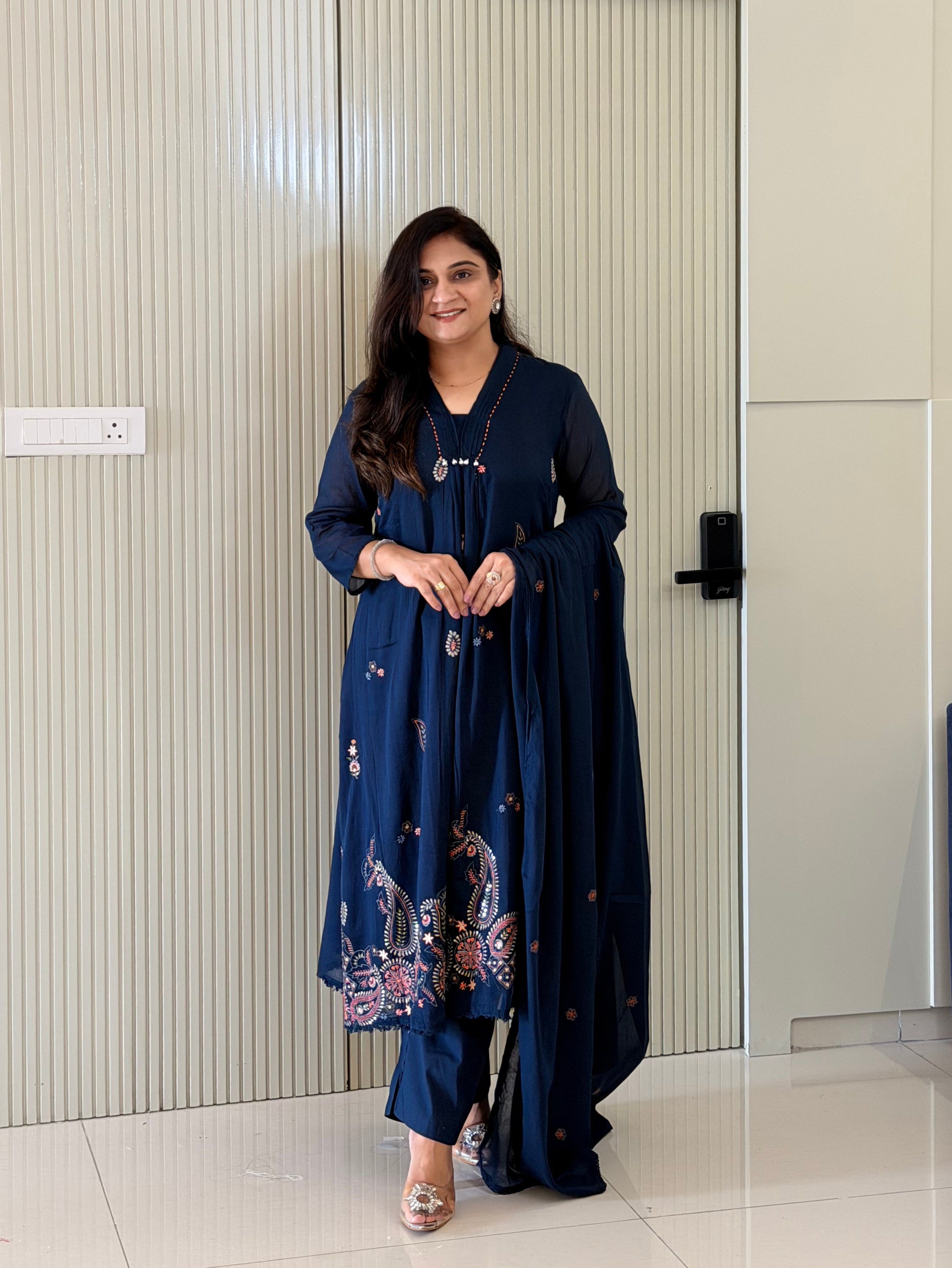 Samya Blue Mul Cotton HandEmbroidered A-line Dupatta Set