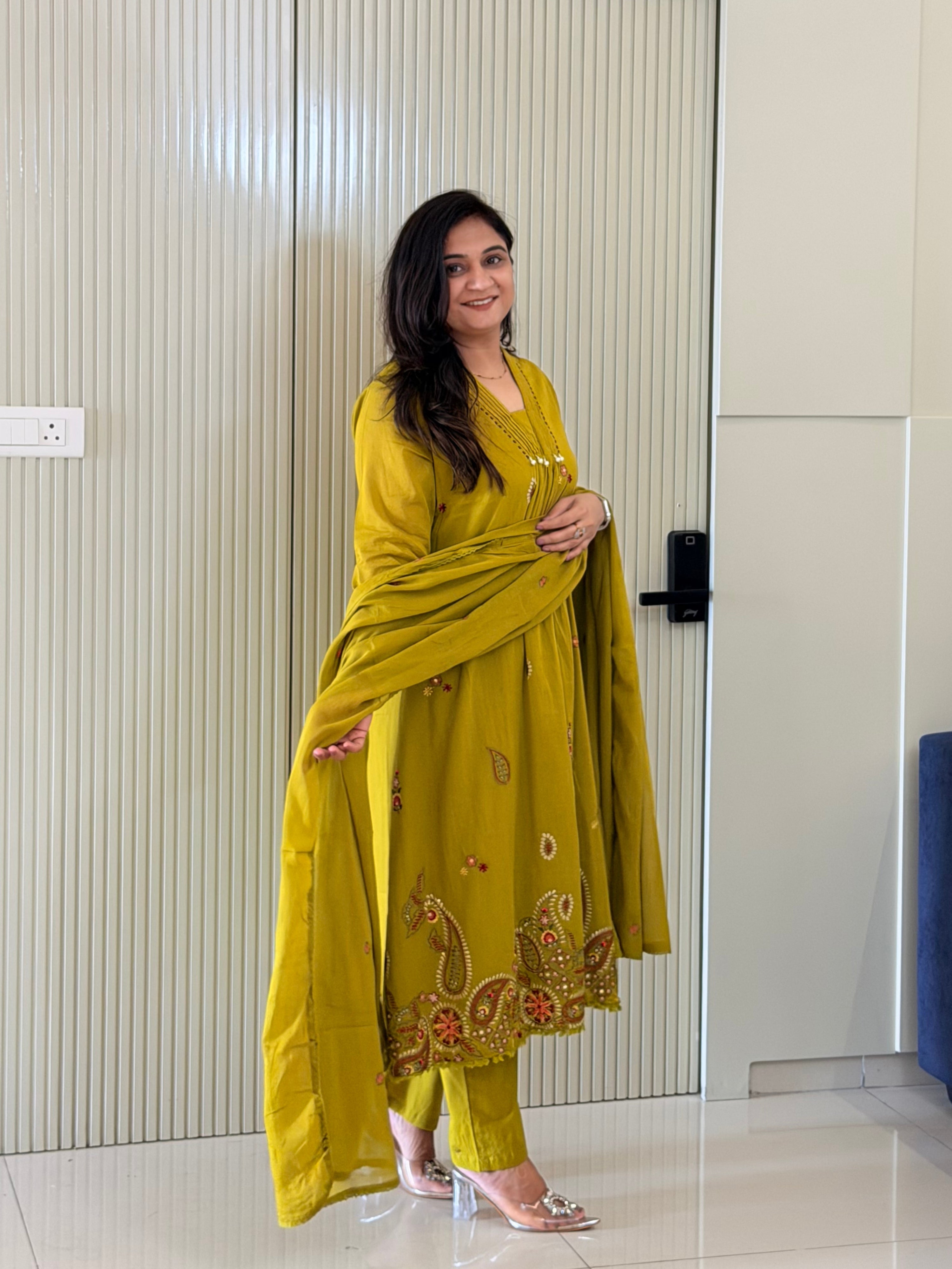 Samya Green Mul Cotton HandEmbroidered A-line Dupatta Set