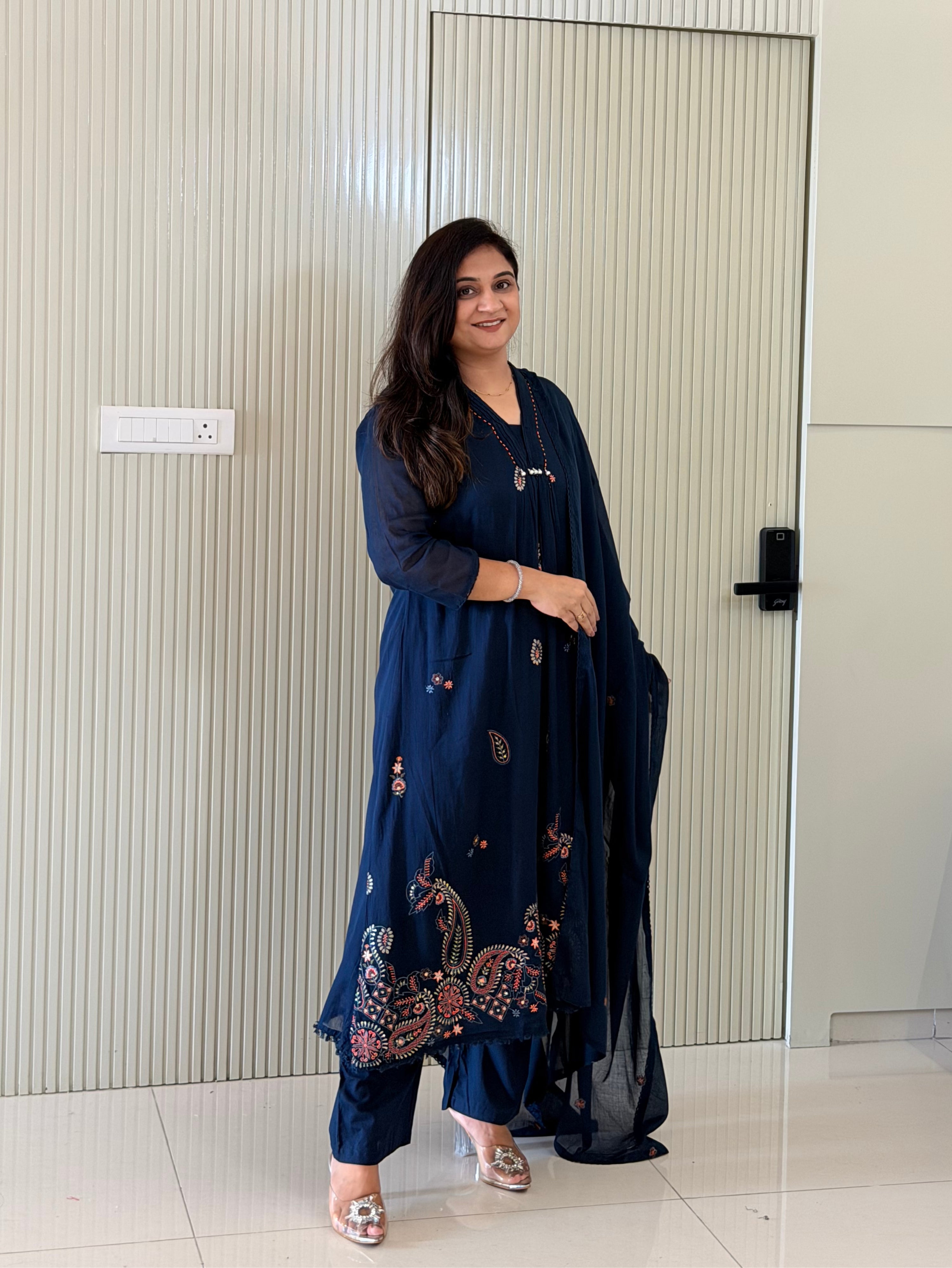 Samya Blue Mul Cotton HandEmbroidered A-line Dupatta Set