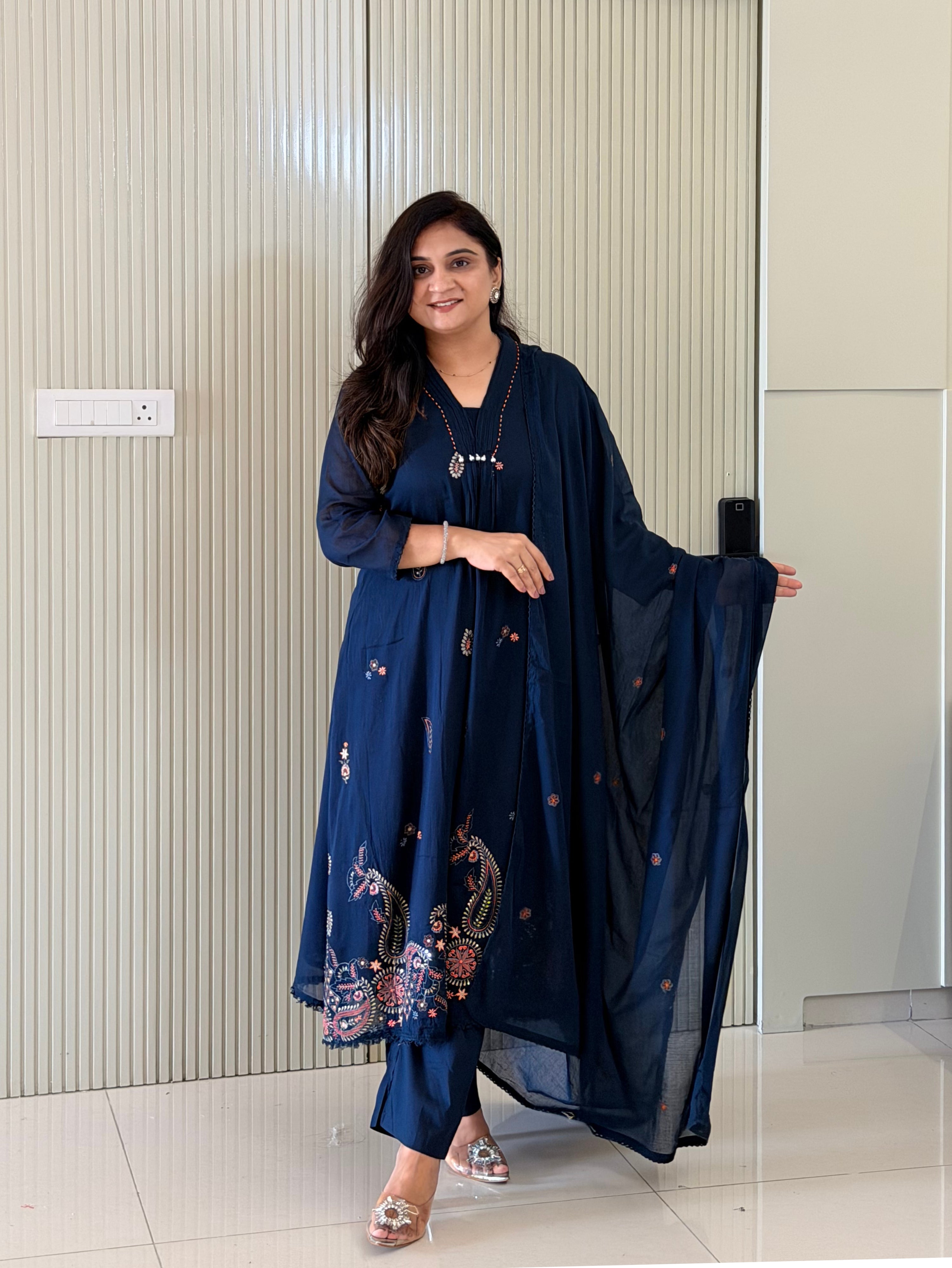 Samya Blue Mul Cotton HandEmbroidered A-line Dupatta Set