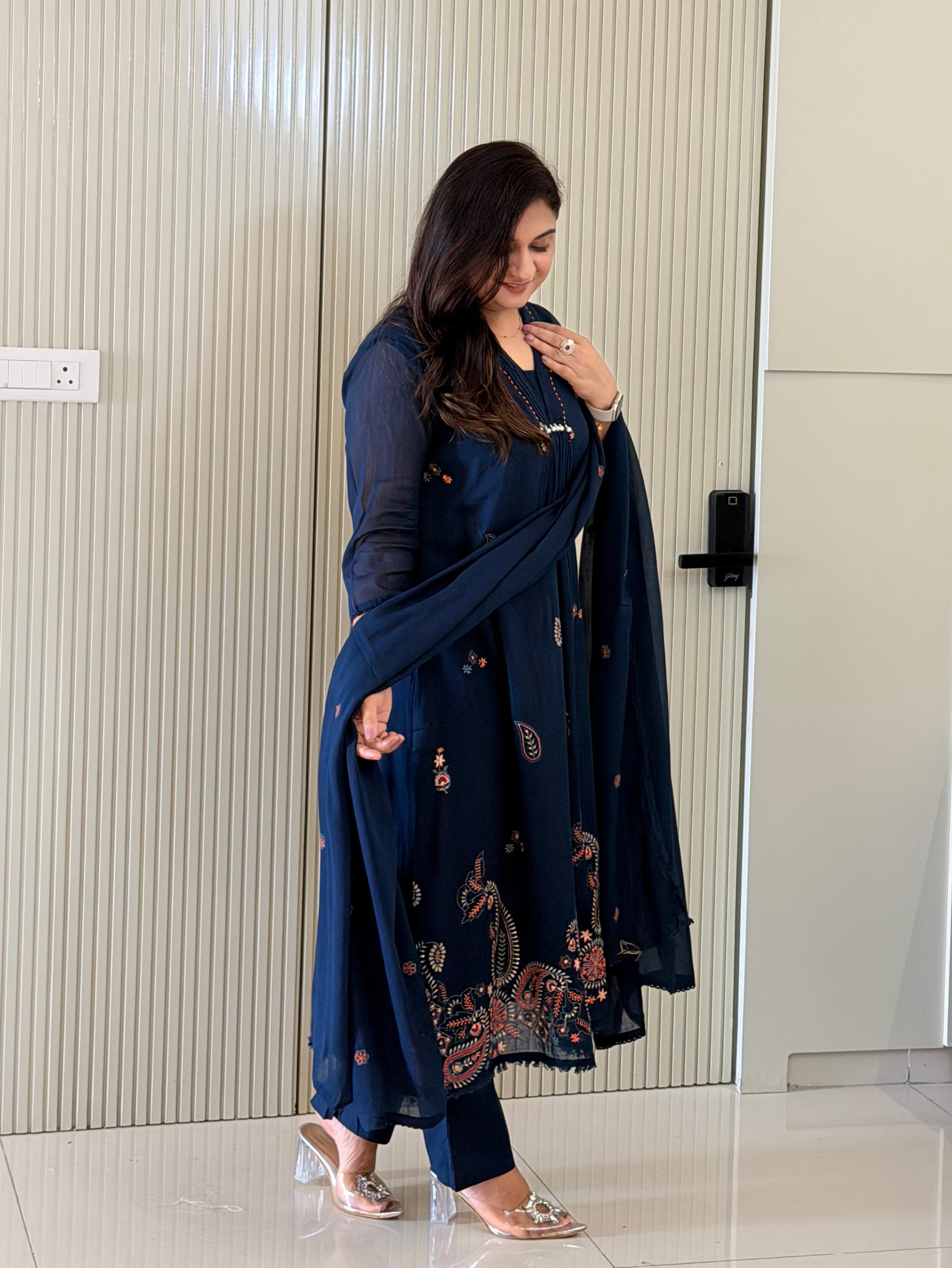 Samya Blue Mul Cotton HandEmbroidered A-line Dupatta Set