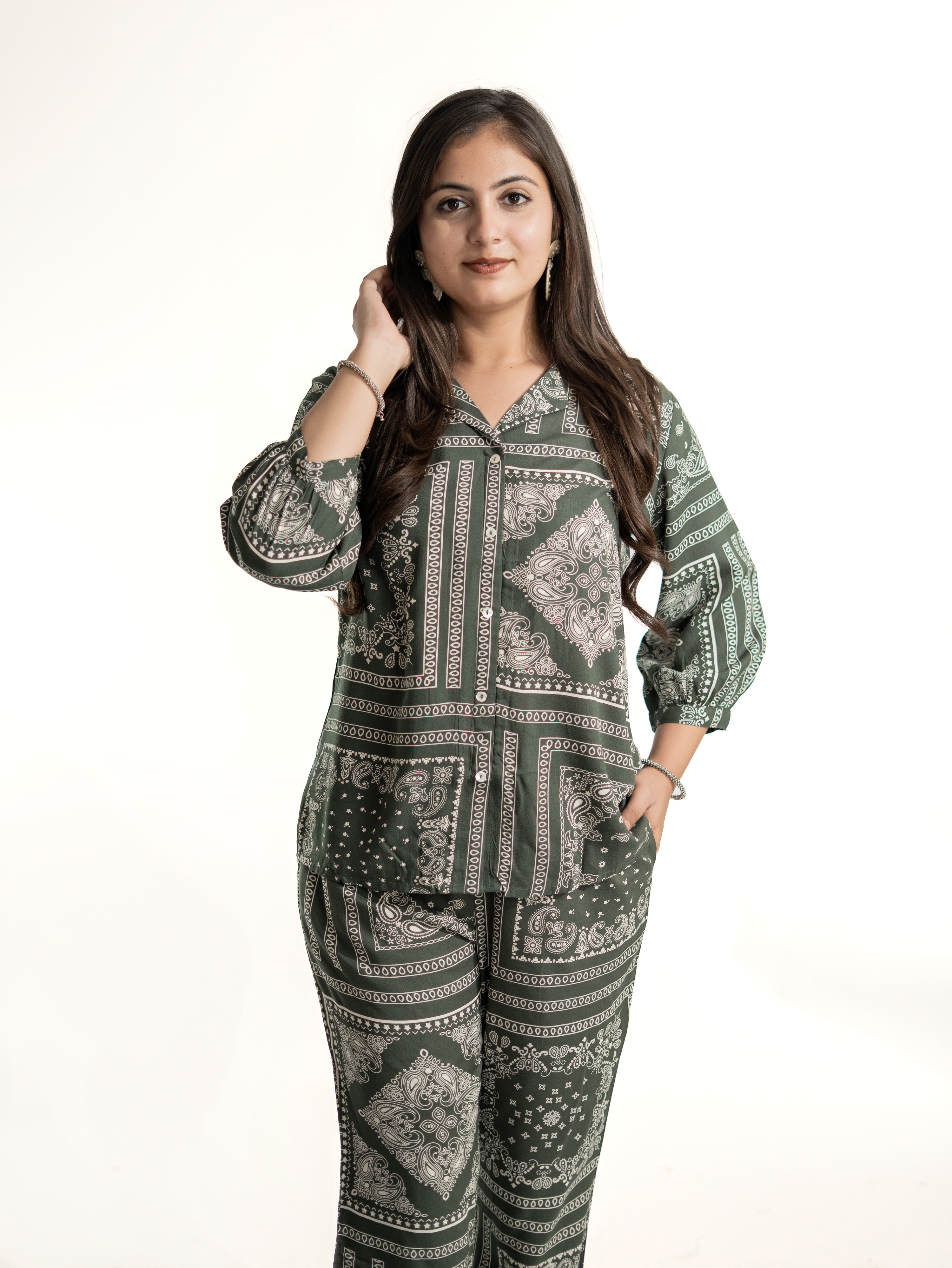 Jasmine Green Geometric Rayon Coord Set