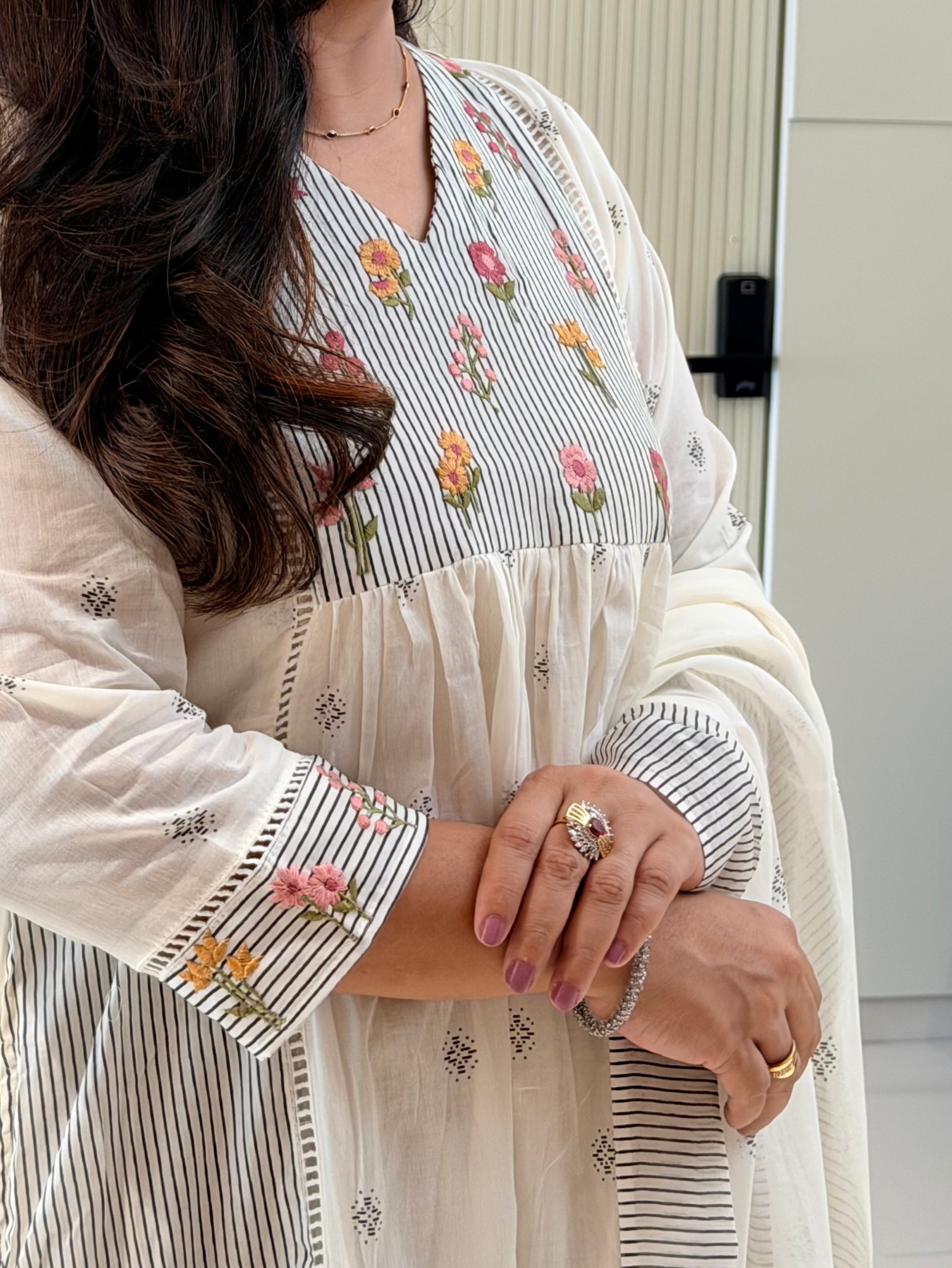 Ruksaar White Mul Cotton HandEmbroidered A-line Dupatta Set