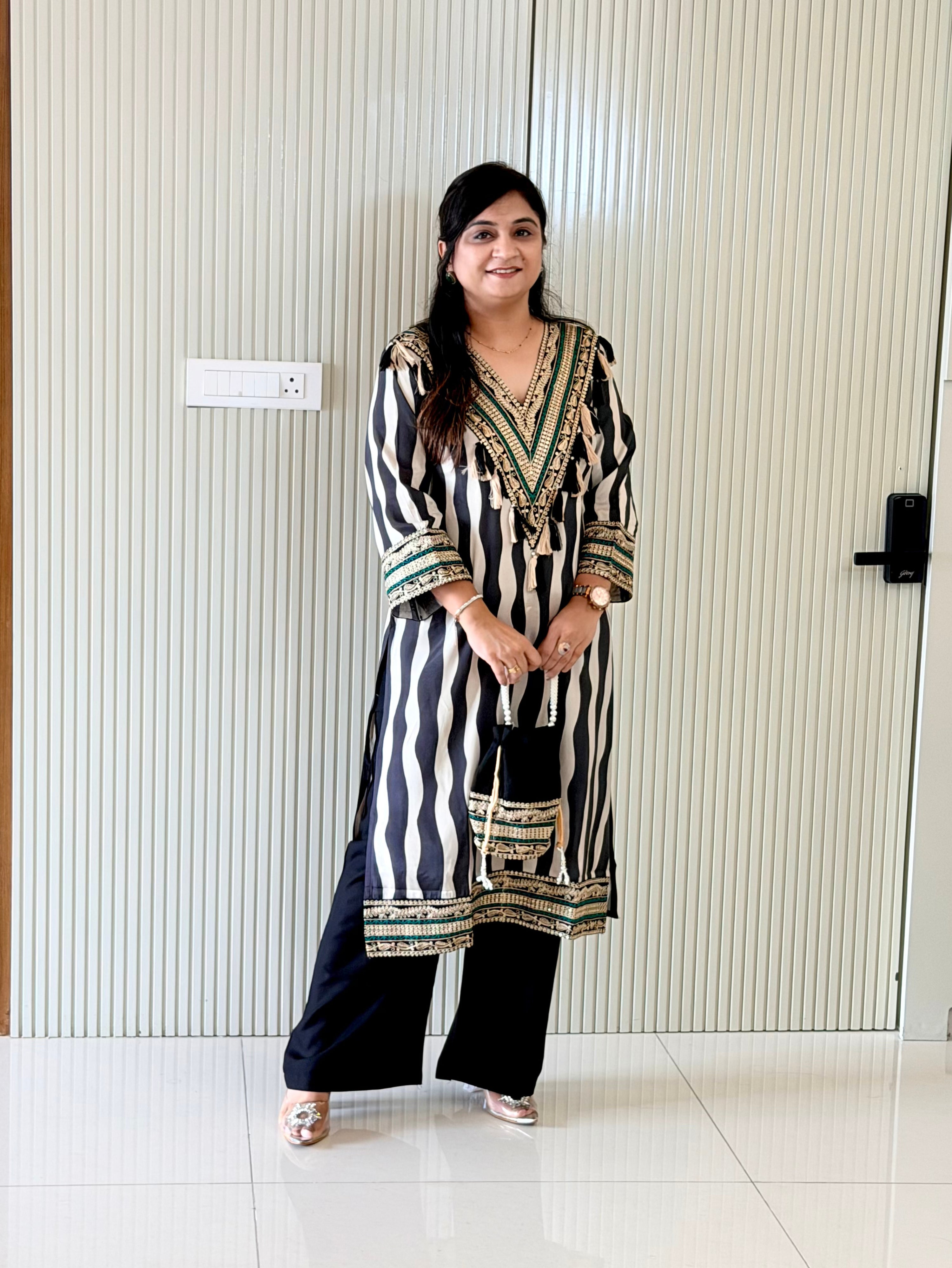 Nobita Black And White Strips Muslin Embroidered Kurta Set
