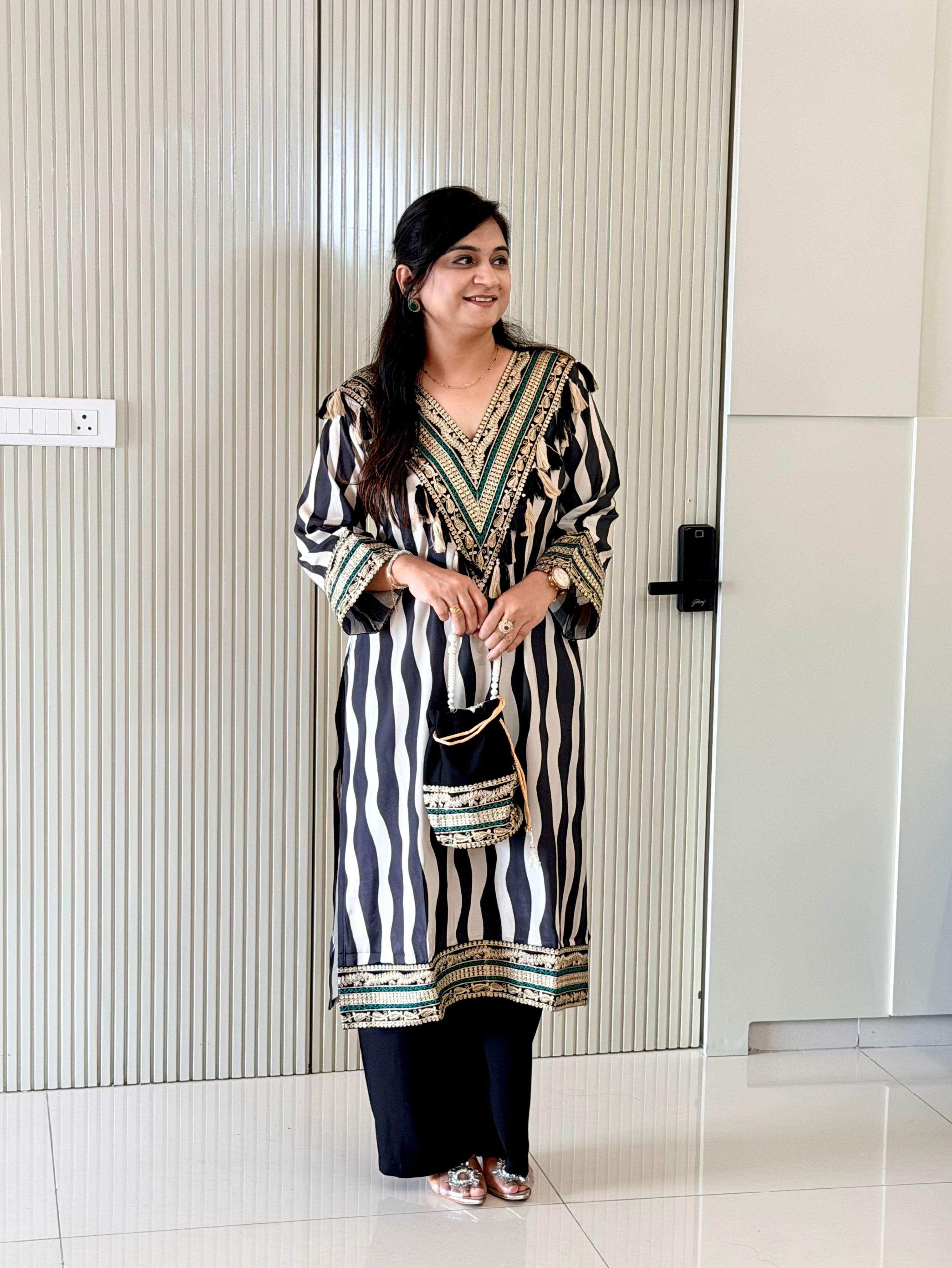 Nobita Black And White Strips Muslin Embroidered Kurta Set