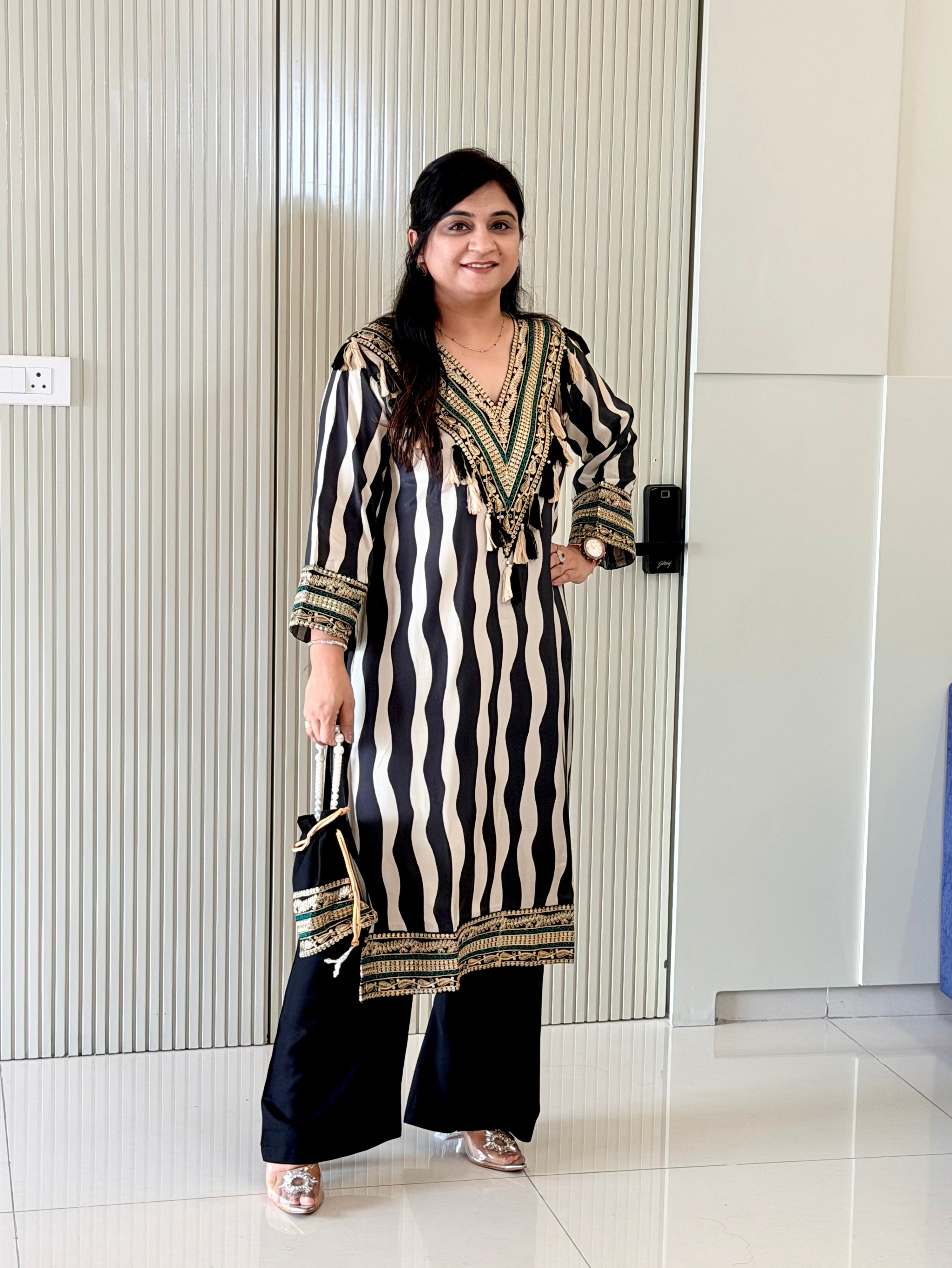 Nobita Black And White Strips Muslin Embroidered Kurta Set