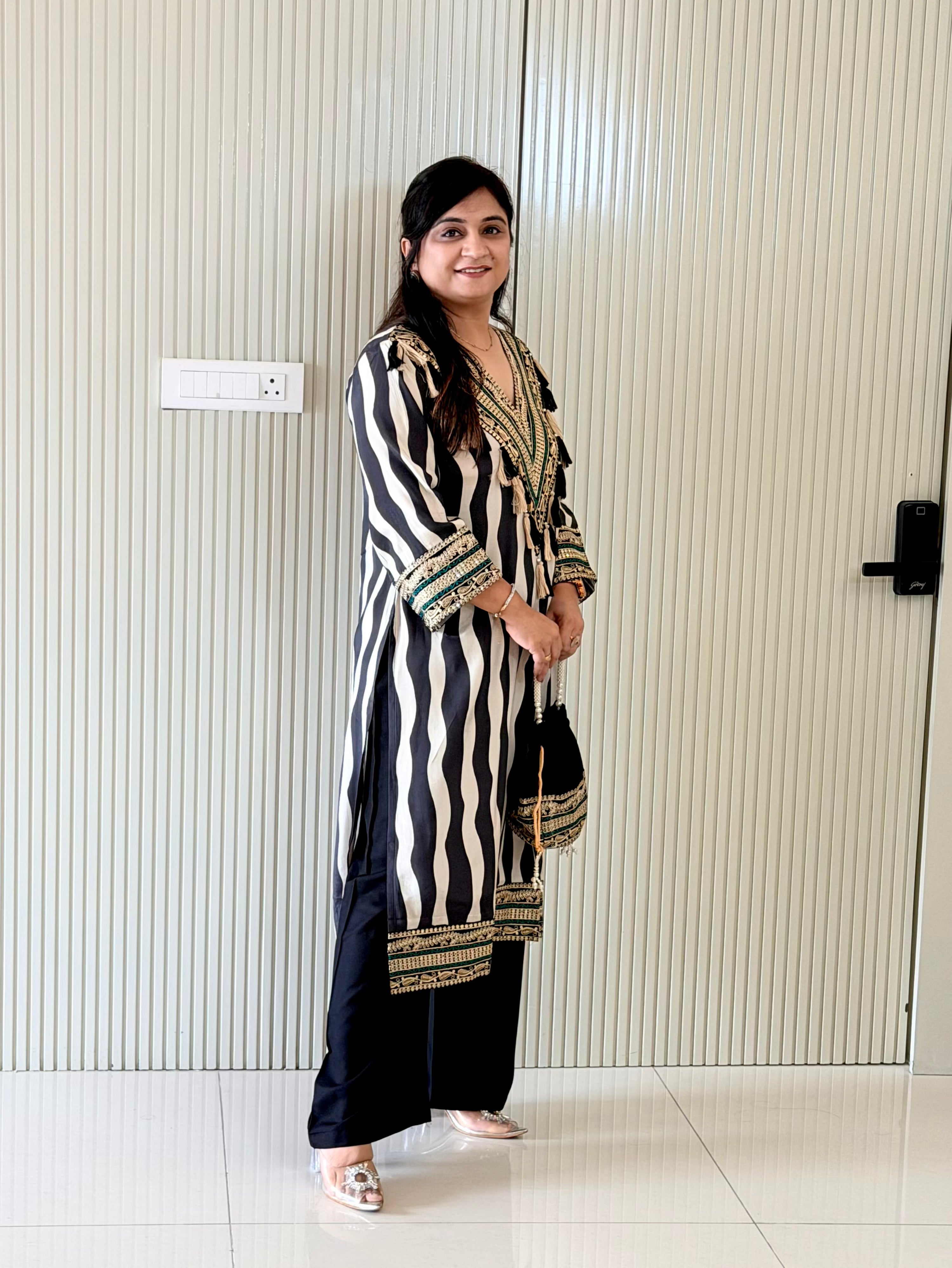 Nobita Black And White Strips Muslin Embroidered Kurta Set