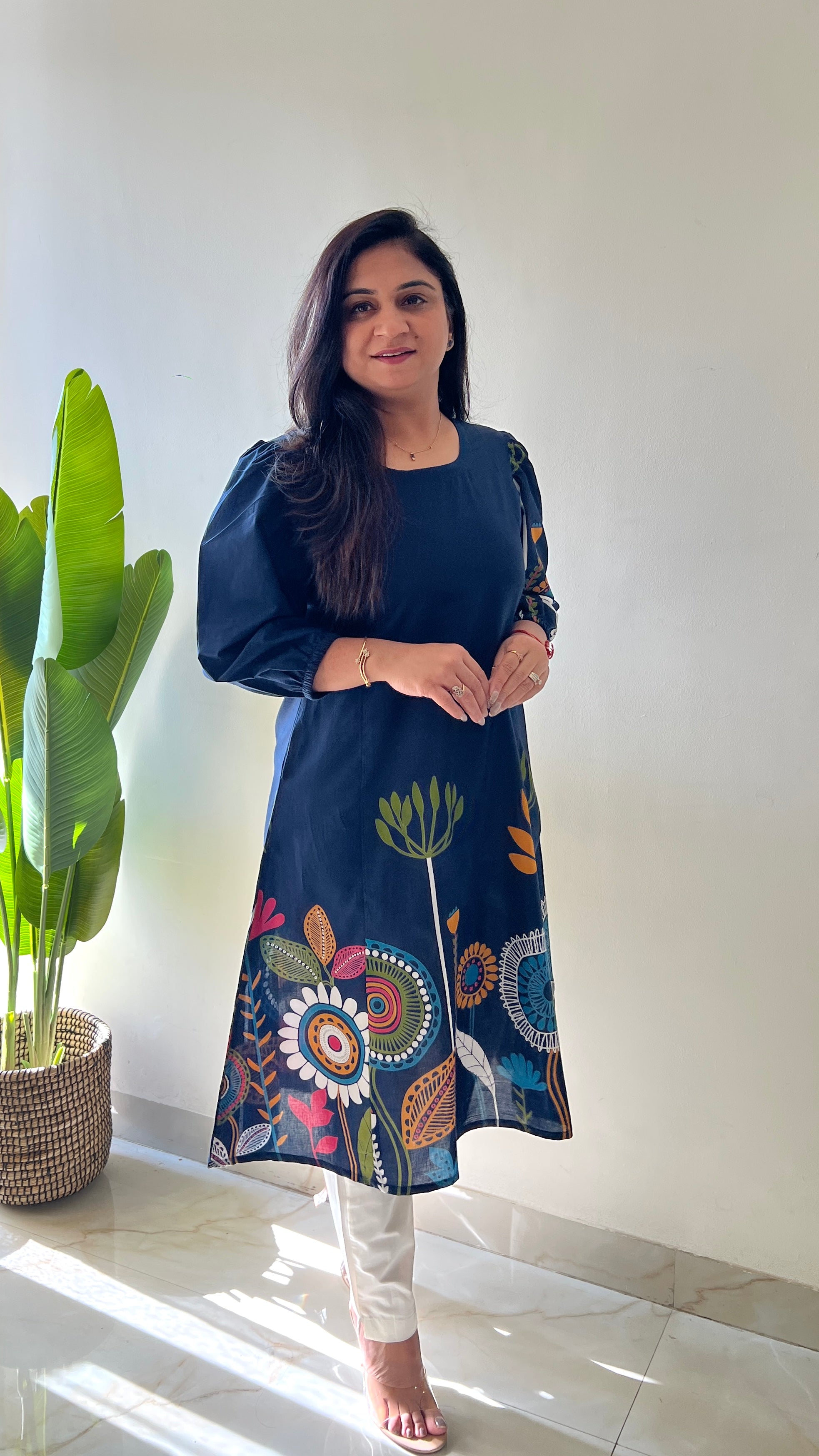 Blue Cotton Floral A-line Kurta