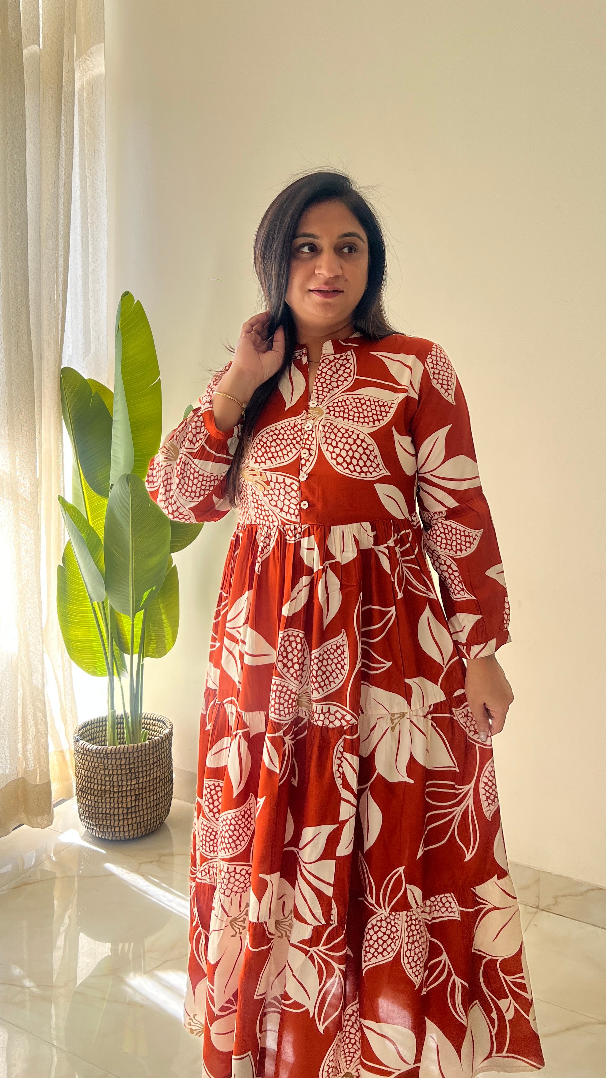 Sarfa Rust Crystal Muslin Casual Long Dress