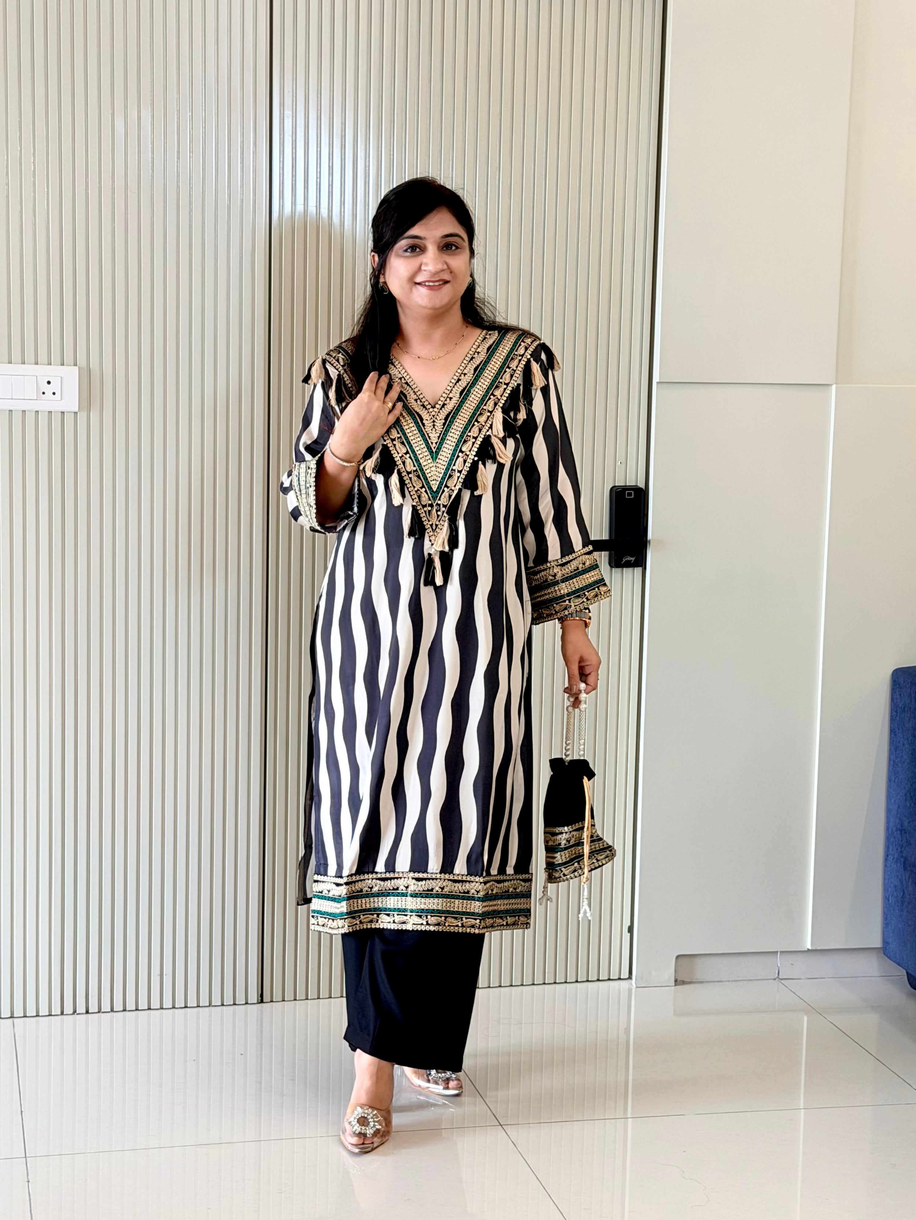 Nobita Black And White Strips Muslin Embroidered Kurta Set