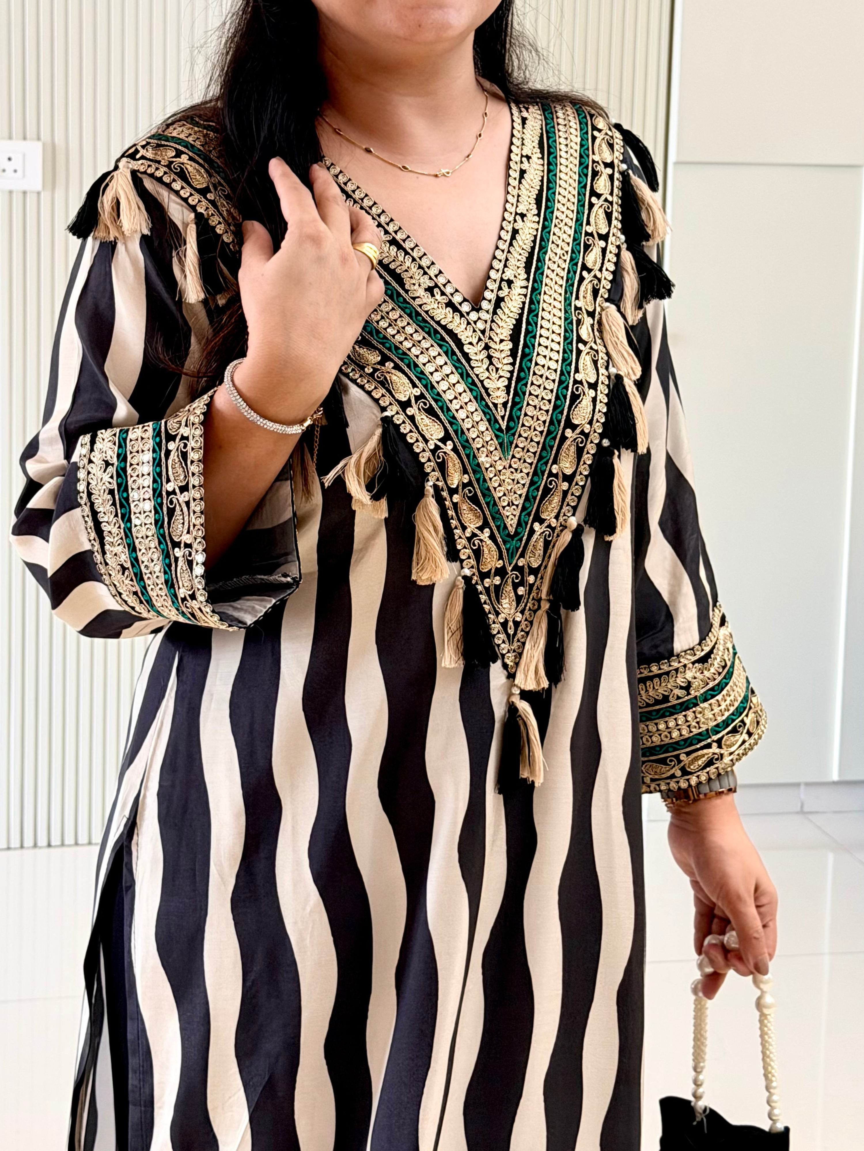 Nobita Black And White Strips Muslin Embroidered Kurta Set