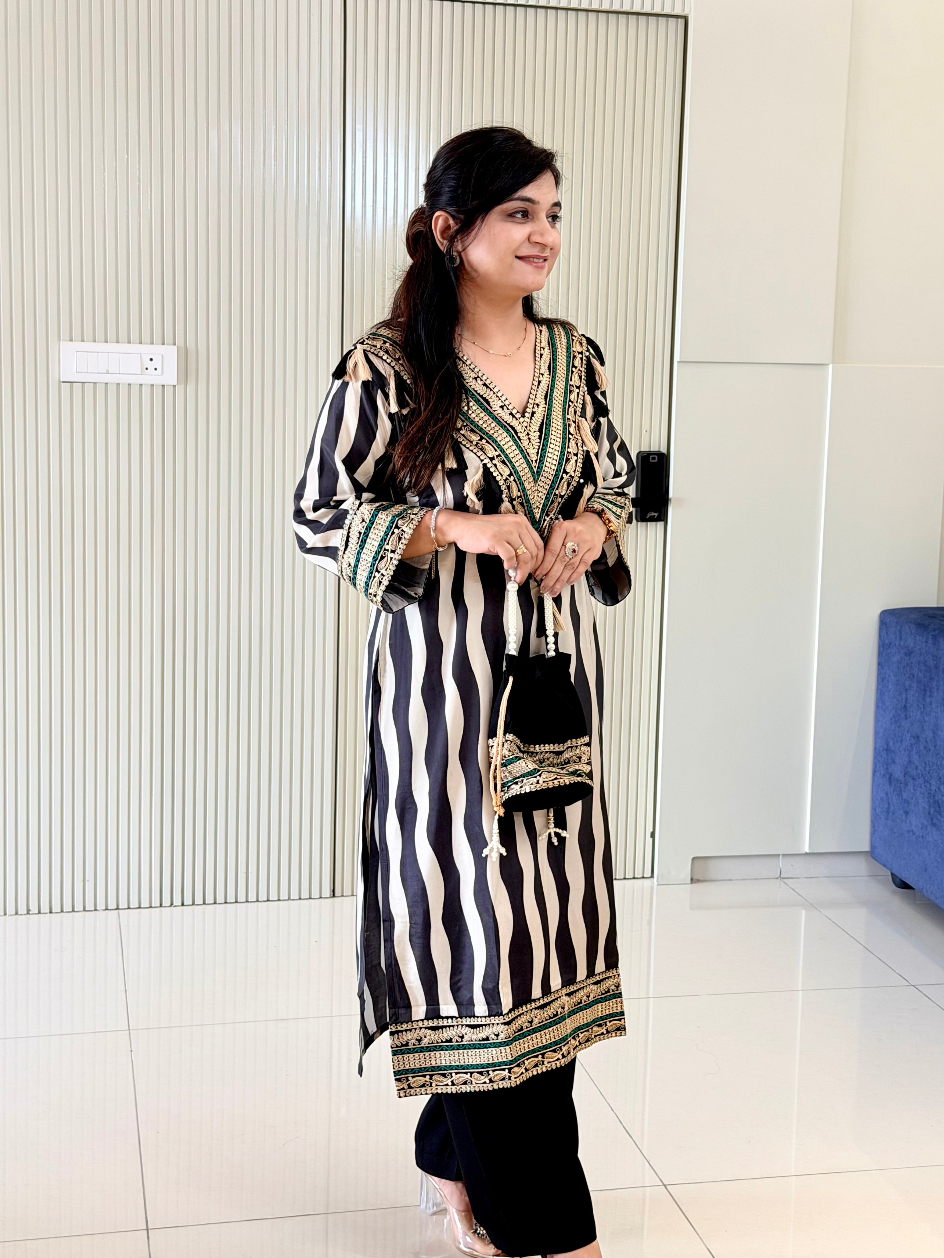 Nobita Black And White Strips Muslin Embroidered Kurta Set