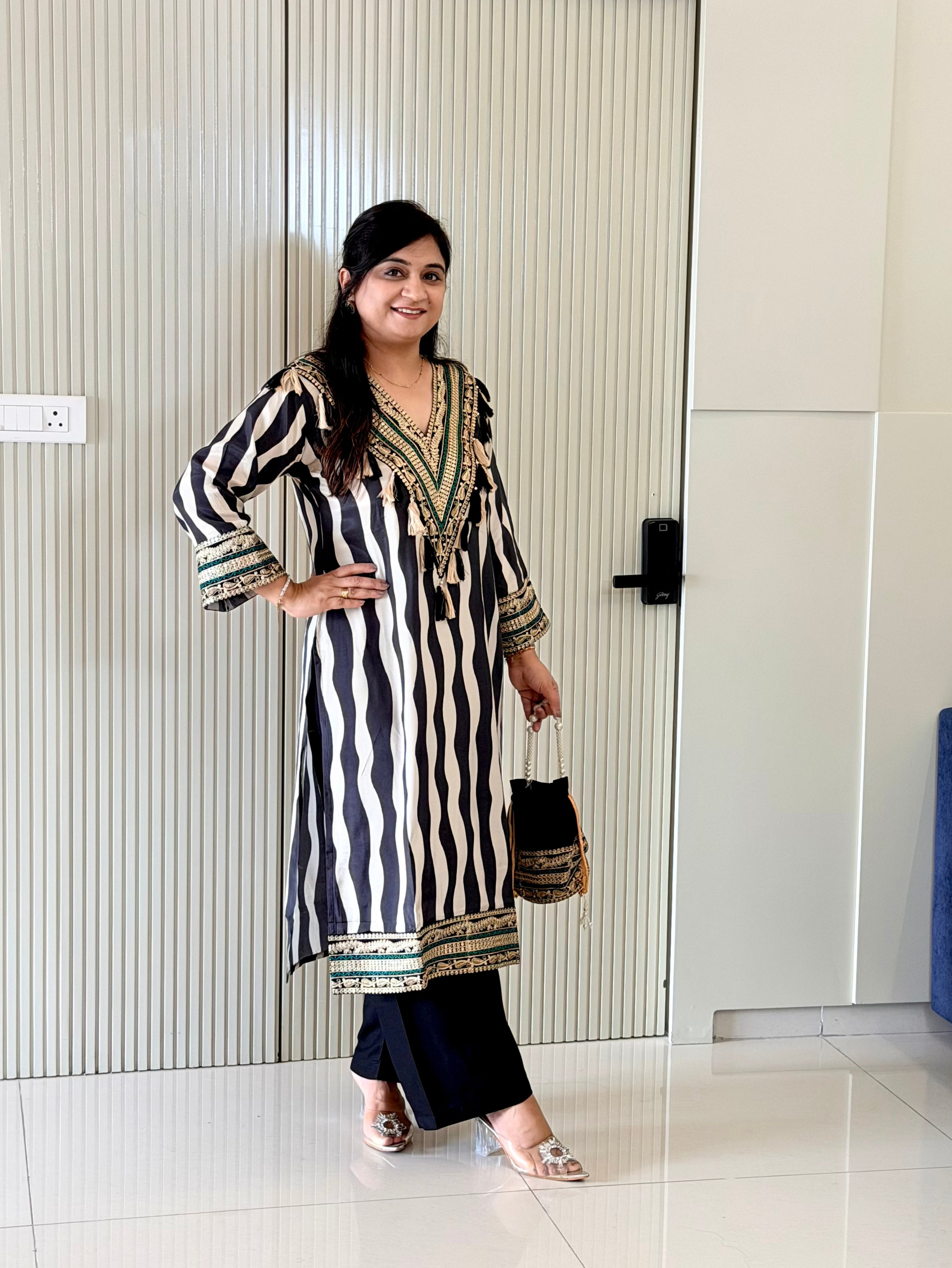 Nobita Black And White Strips Muslin Embroidered Kurta Set