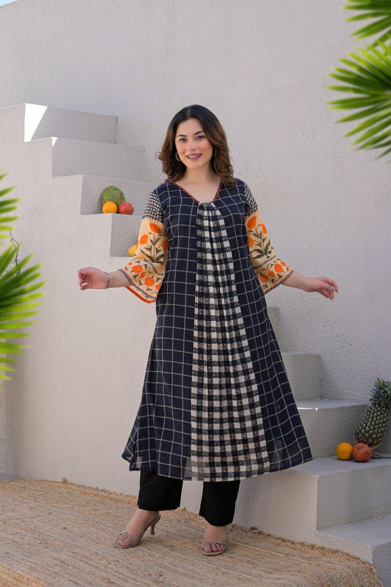 Ridah Black Mul Cotton Embroidered A-line Kurta Set