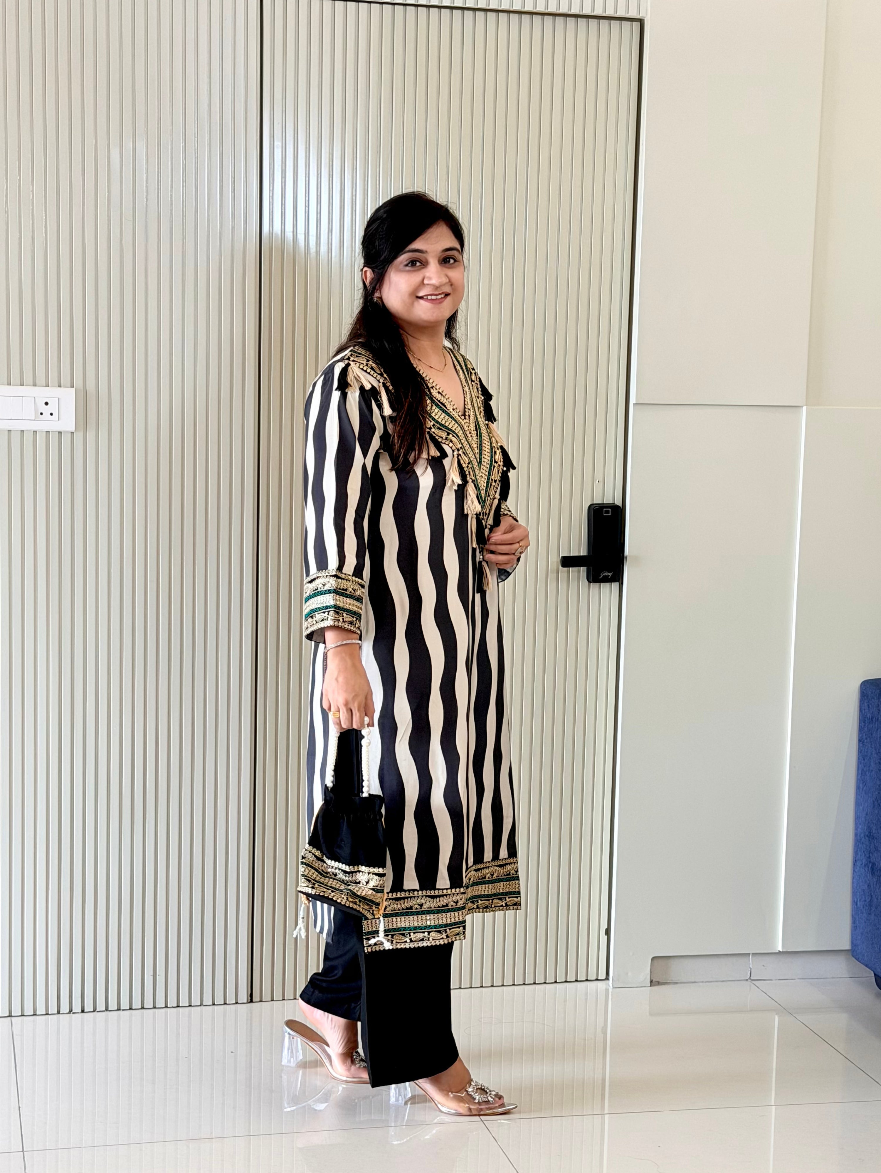 Nobita Black And White Strips Muslin Embroidered Kurta Set