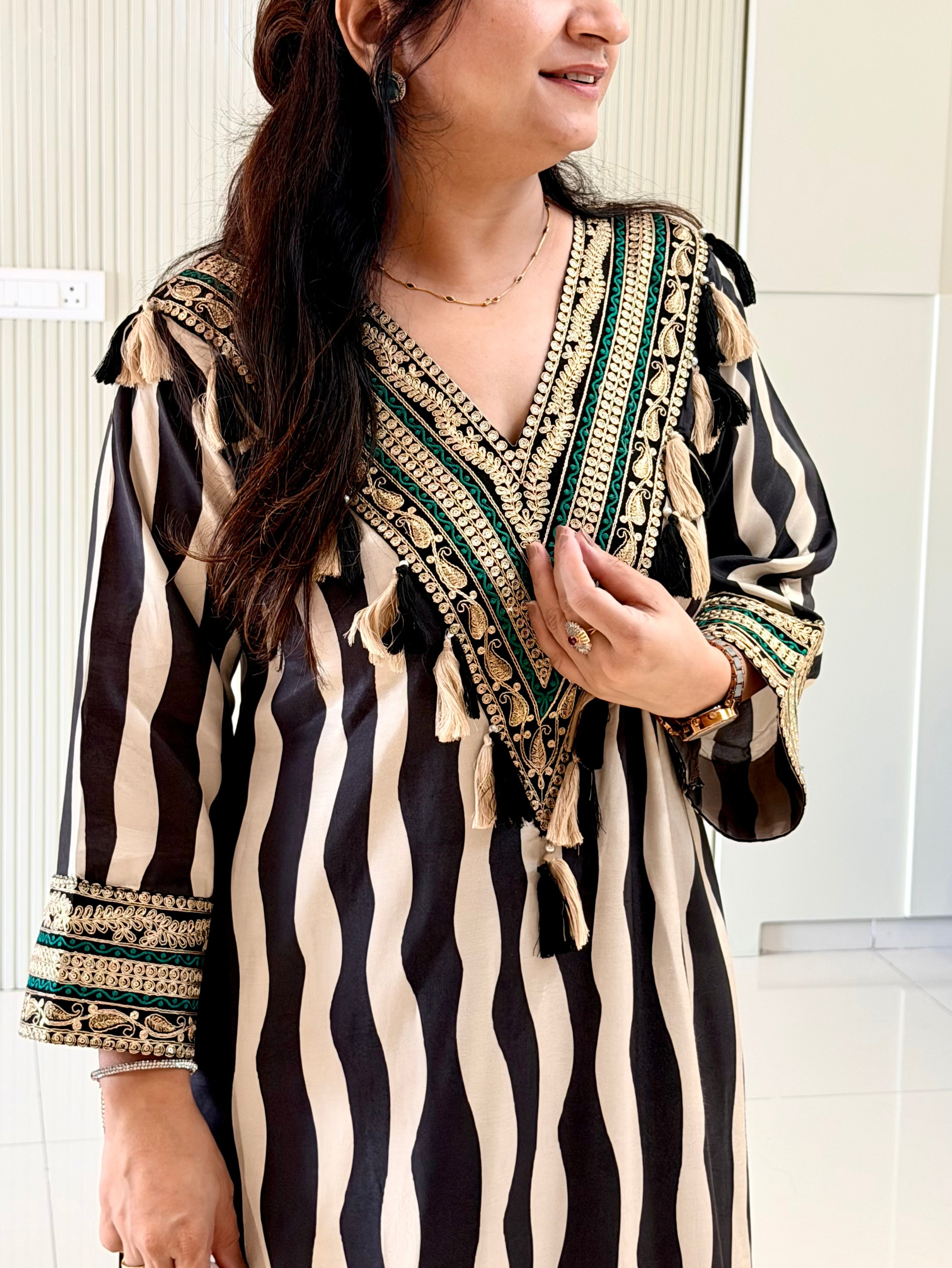 Nobita Black And White Strips Muslin Embroidered Kurta Set