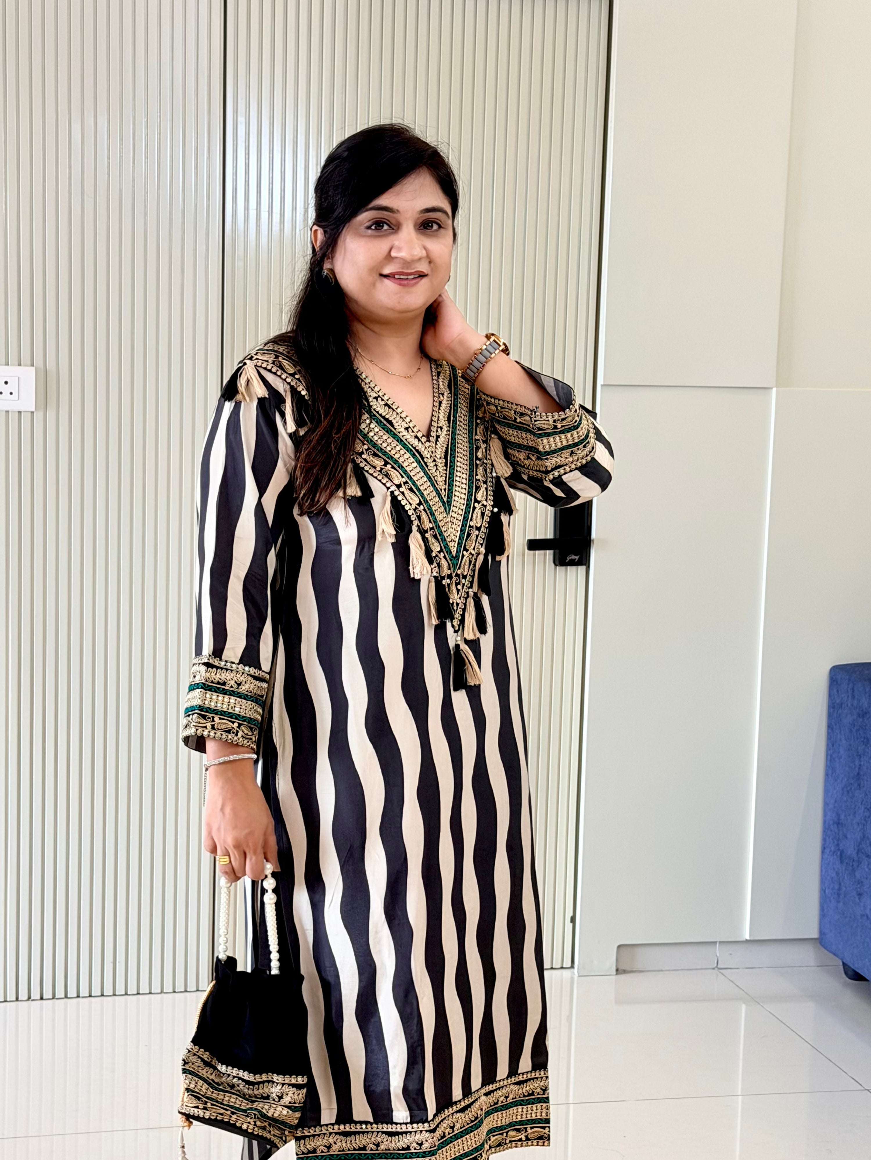 Nobita Black And White Strips Muslin Embroidered Kurta Set