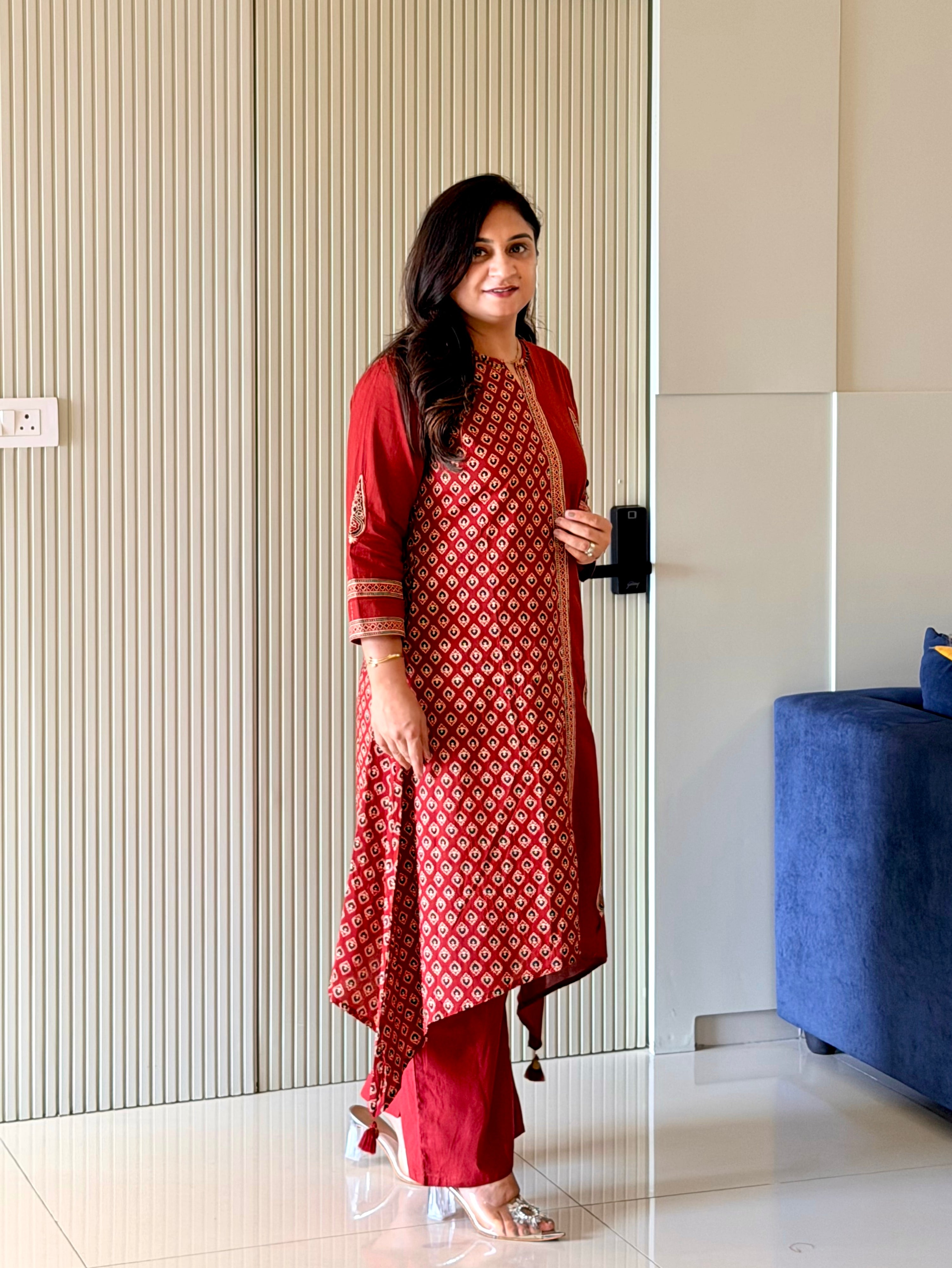 Laila Maroon Cotton Asymmetric Ajrakh Kurta Set