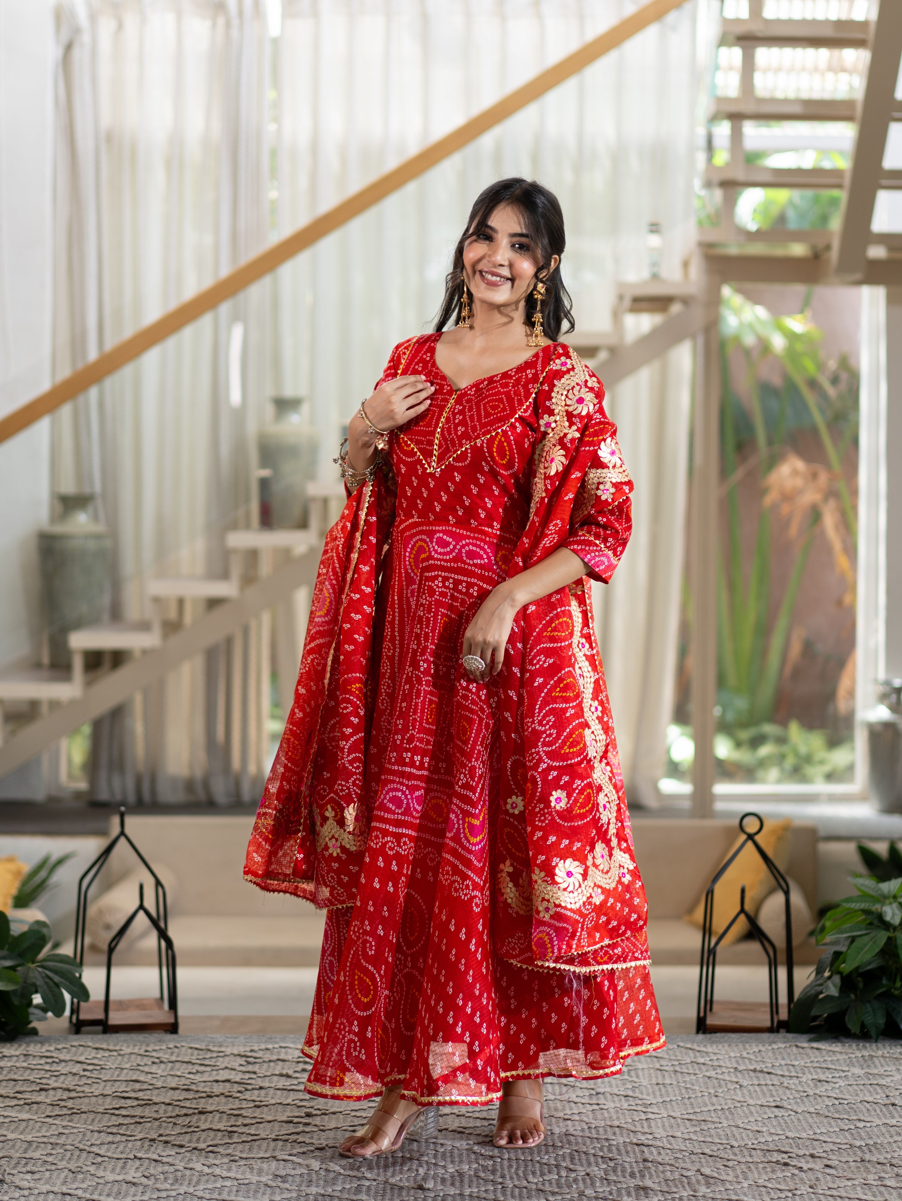 Nitya Red Bandhani Kota Doria Anarkali Dupatta set