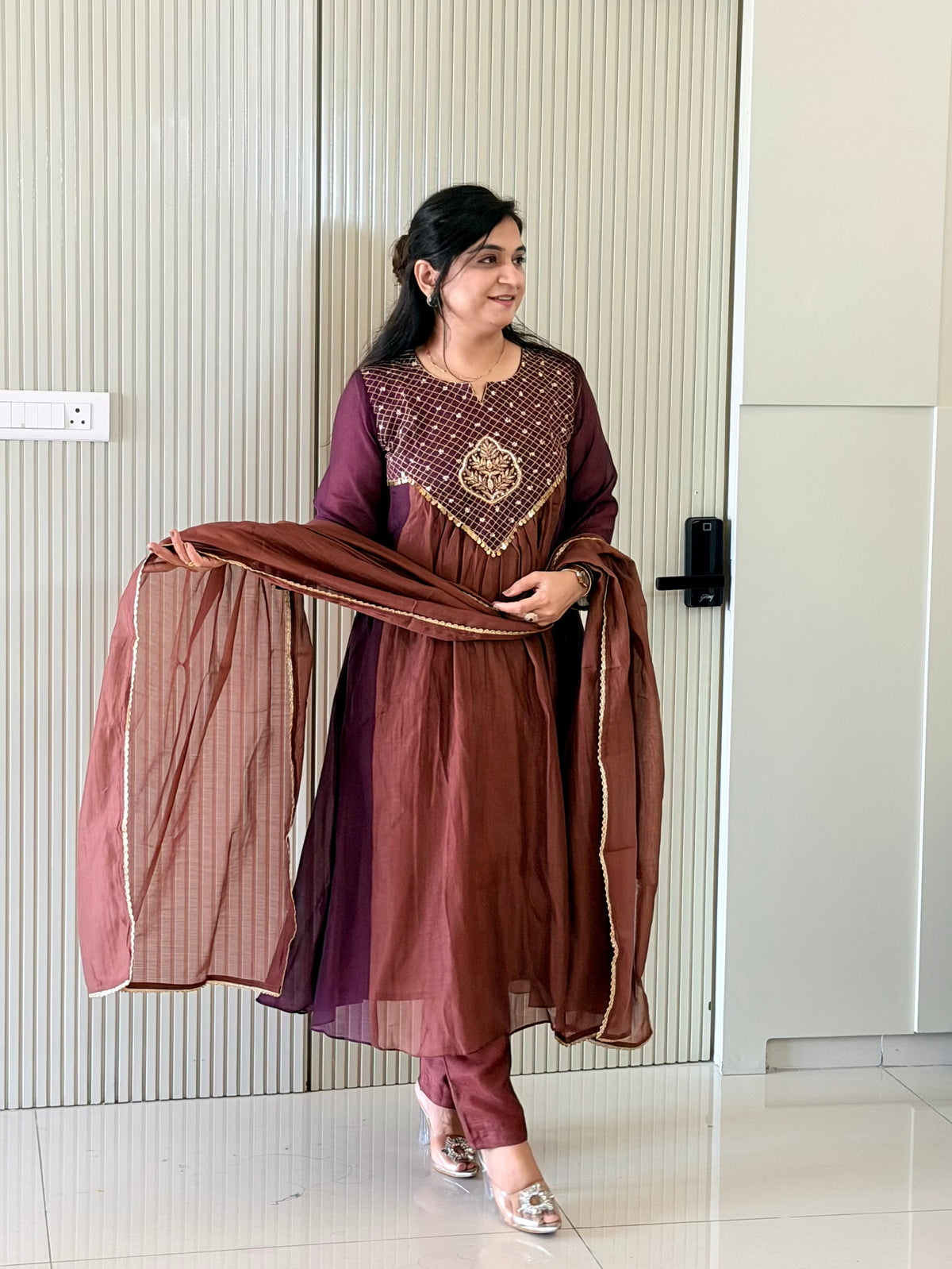 Sufia Brown Mul Chanderi HandEmbroidered A-line Dupatta Set