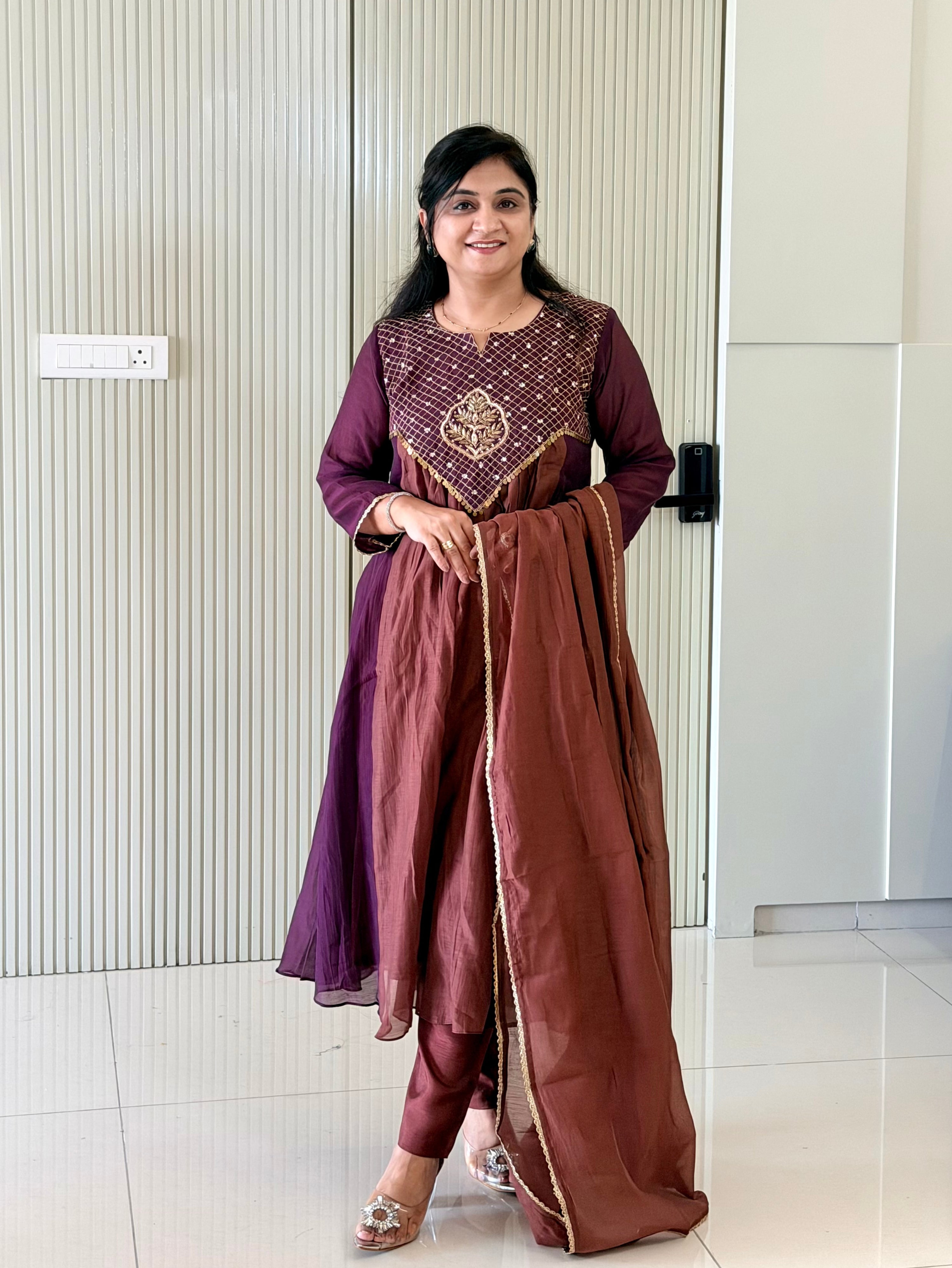 Sufia Brown Mul Chanderi HandEmbroidered A-line Dupatta Set