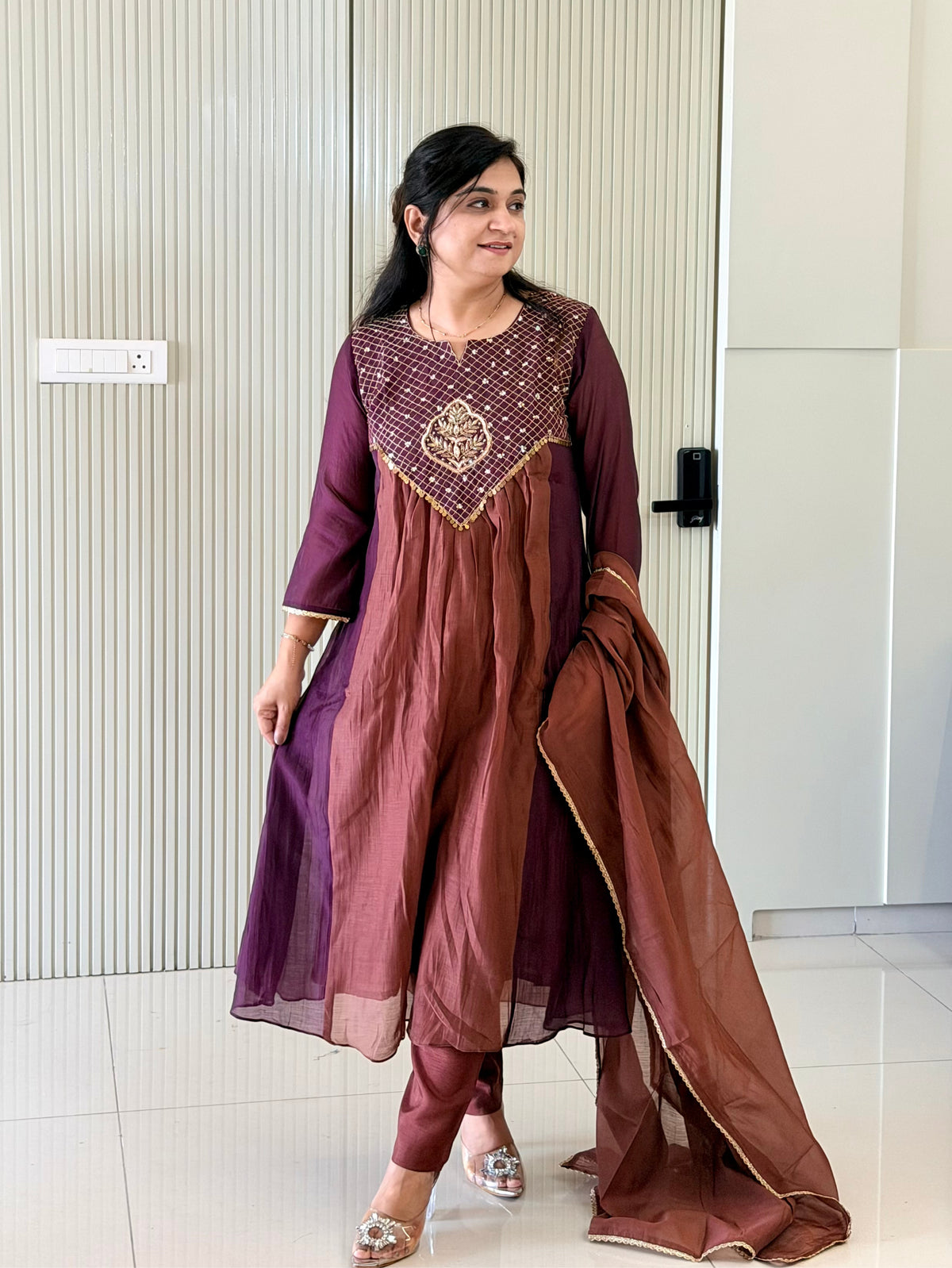 Sufia Brown Mul Chanderi HandEmbroidered A-line Dupatta Set