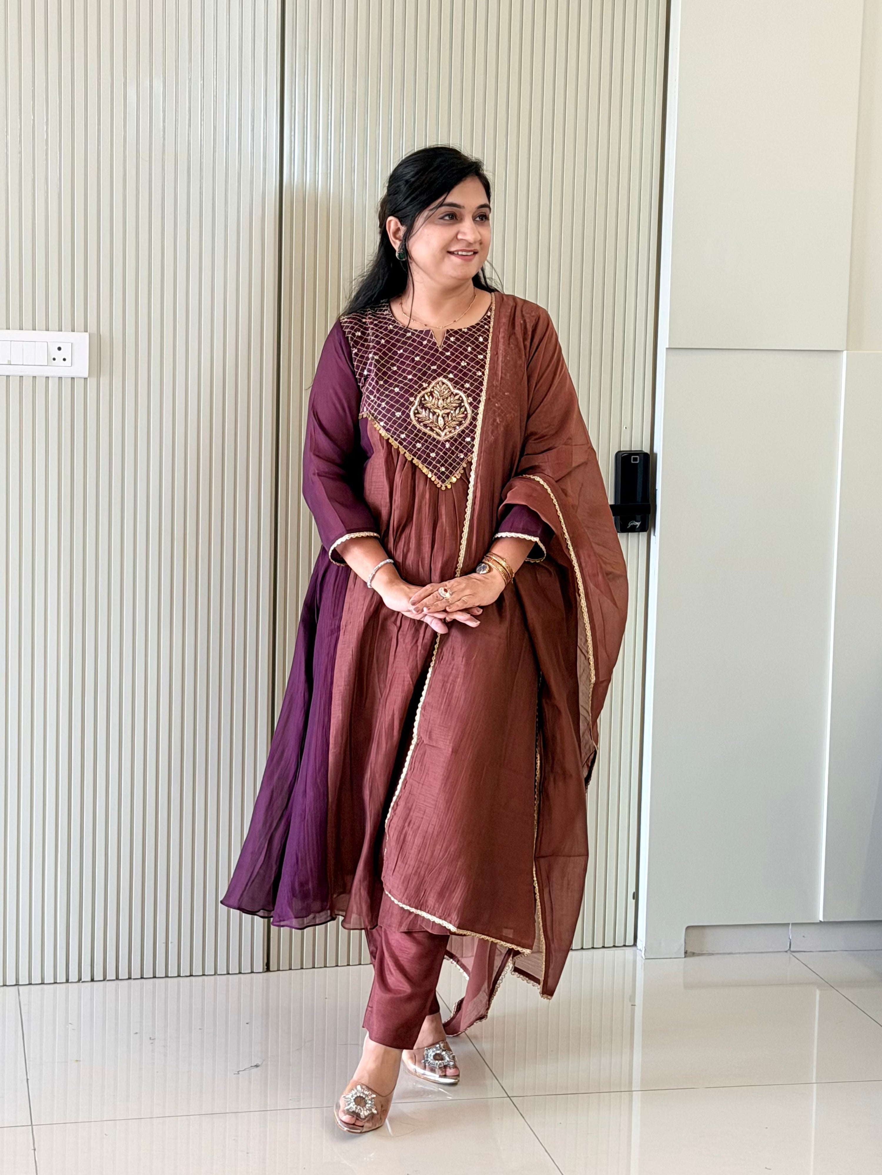 Sufia Brown Mul Chanderi HandEmbroidered A-line Dupatta Set
