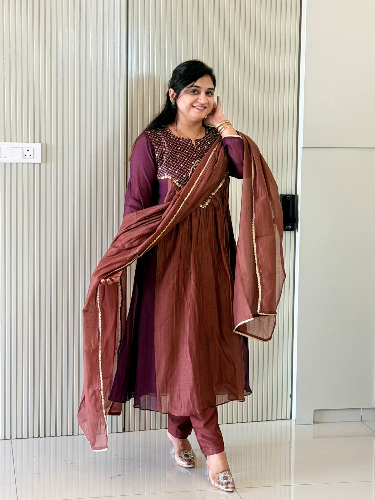 Sufia Brown Mul Chanderi HandEmbroidered A-line Dupatta Set