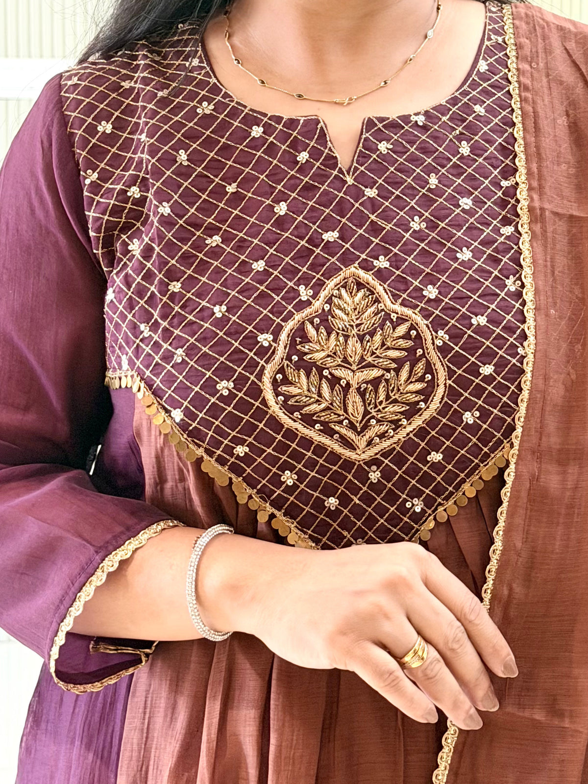 Sufia Brown Mul Chanderi HandEmbroidered A-line Dupatta Set