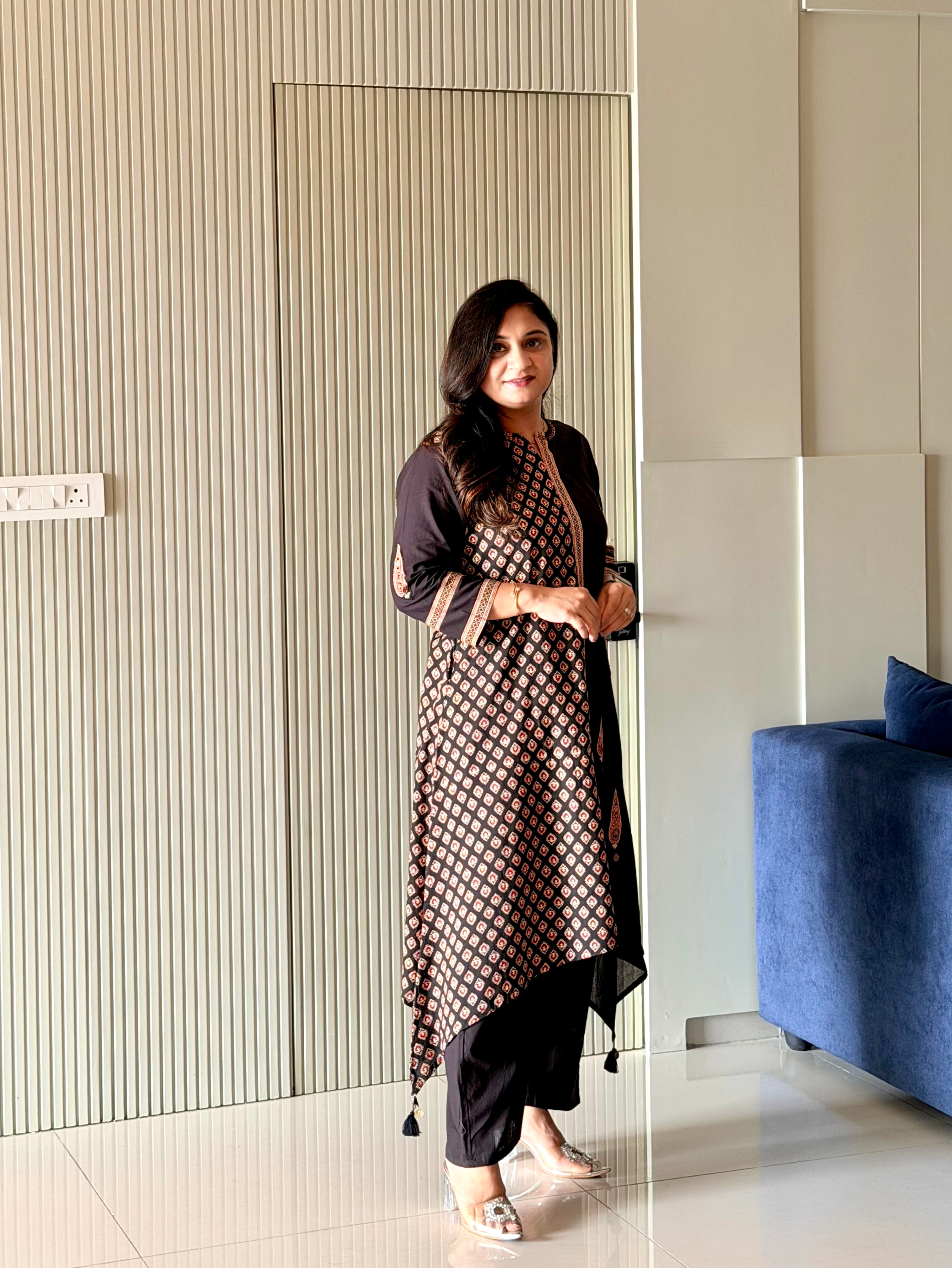 Laila Black Asymmetric Cotton Ajrakh Kurta Set