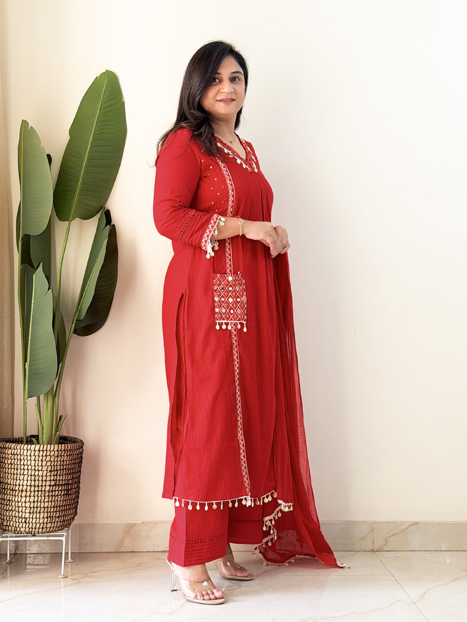 Avanti Red Premium Cotton HandEmbroidered Dupatta Set