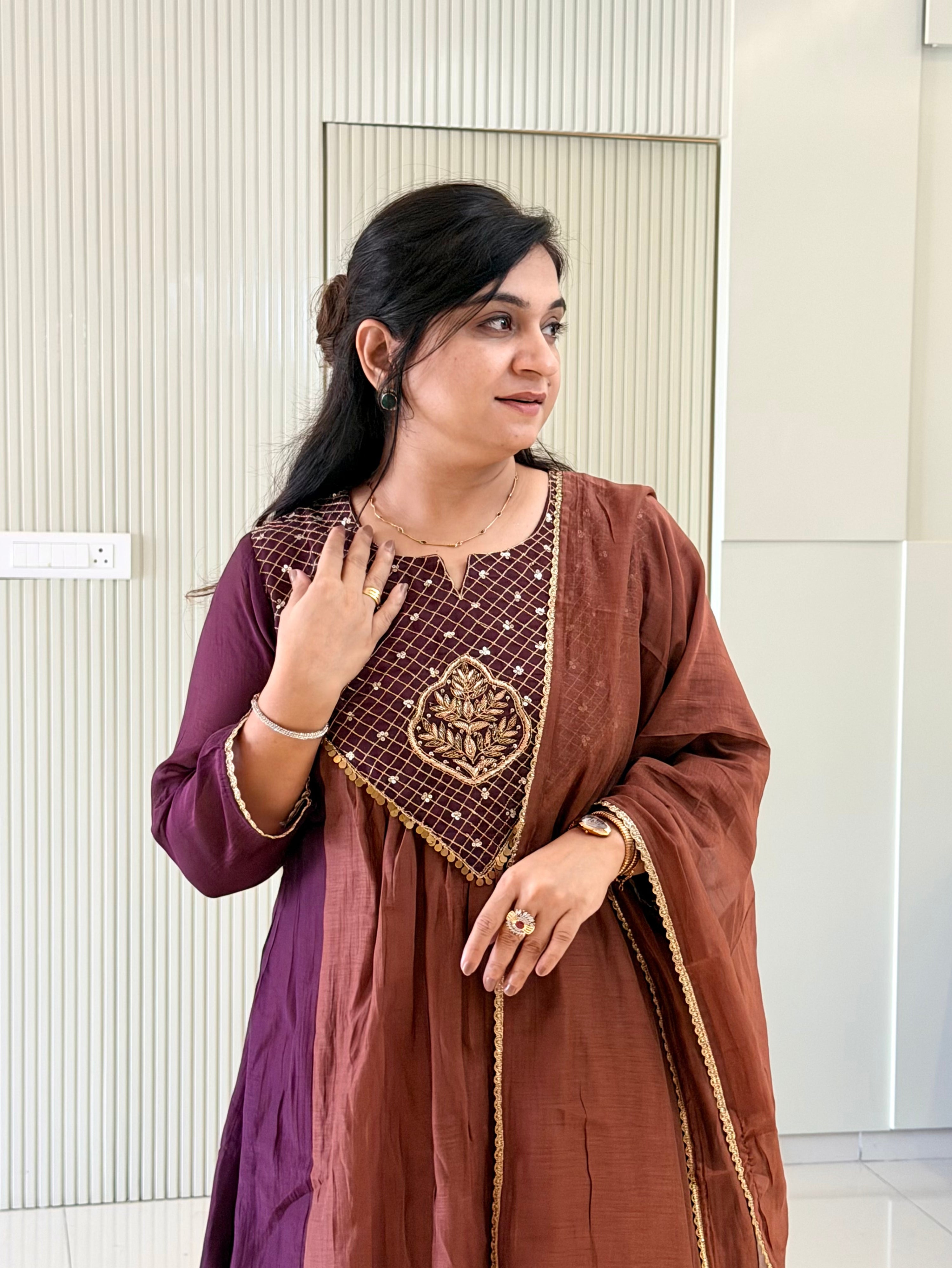 Sufia Brown Mul Chanderi HandEmbroidered A-line Dupatta Set
