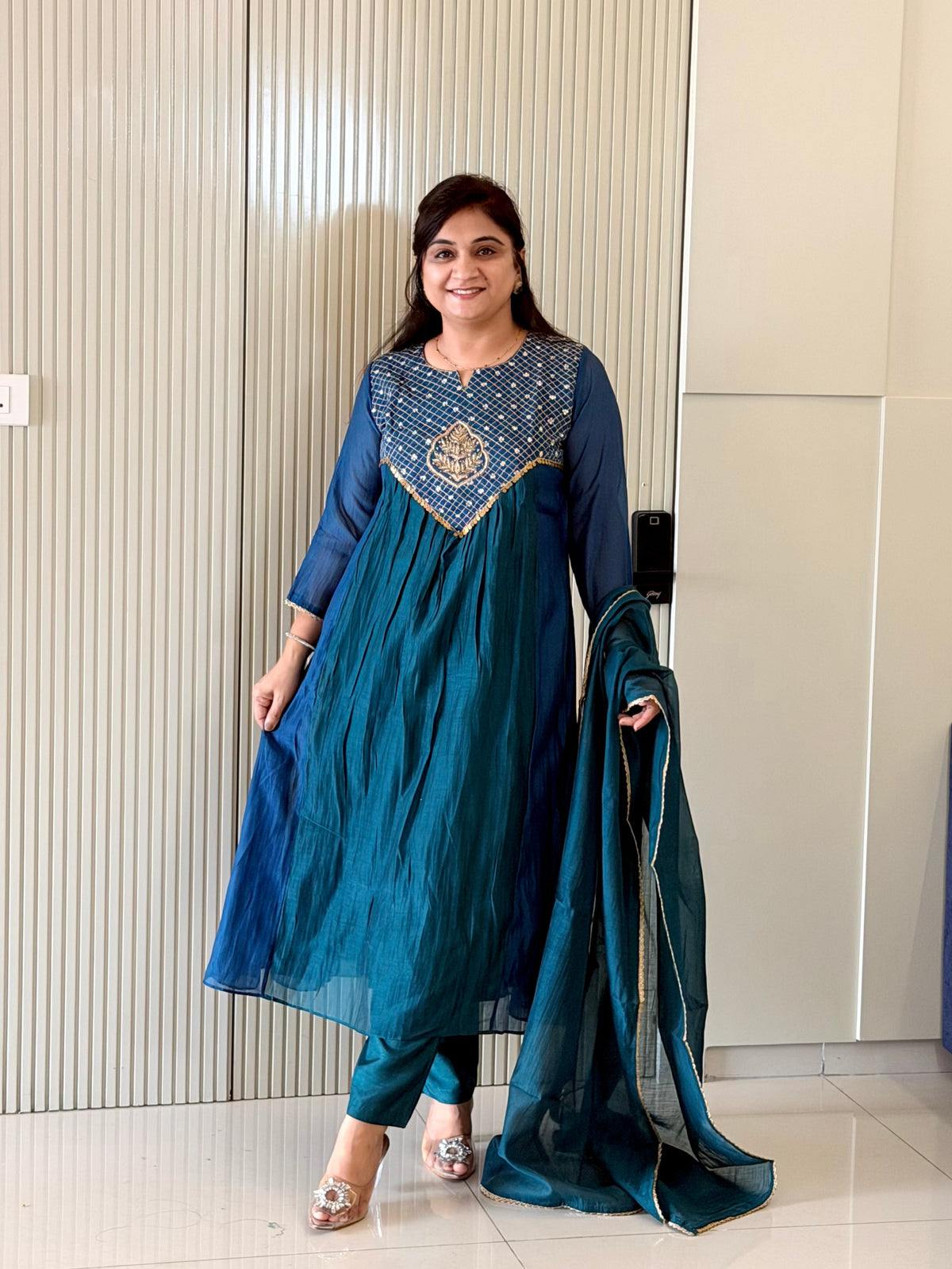 Sufia Blue Mul Chanderi HandEmbroidered A-line Dupatta Set