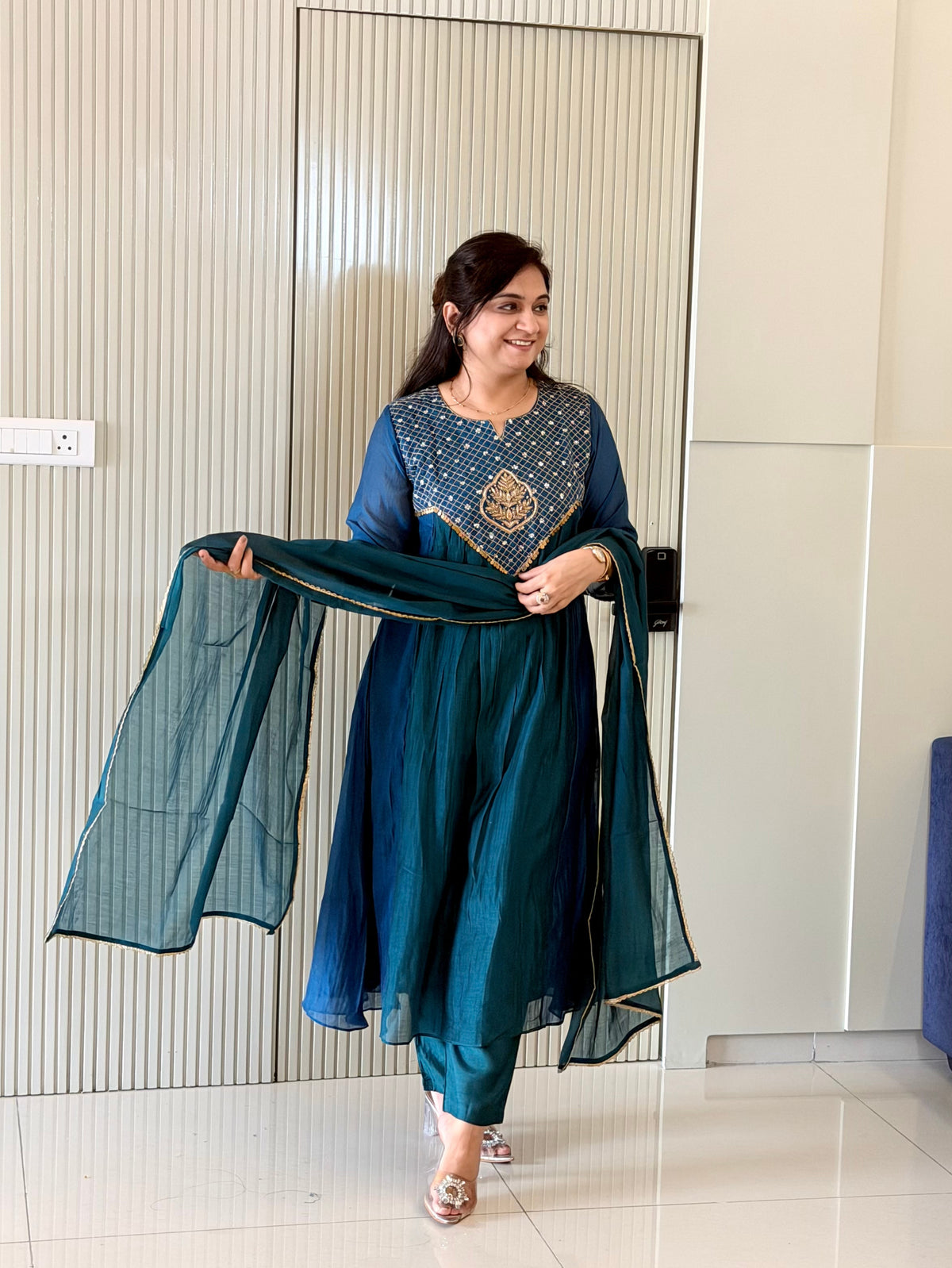 Sufia Blue Mul Chanderi HandEmbroidered A-line Dupatta Set