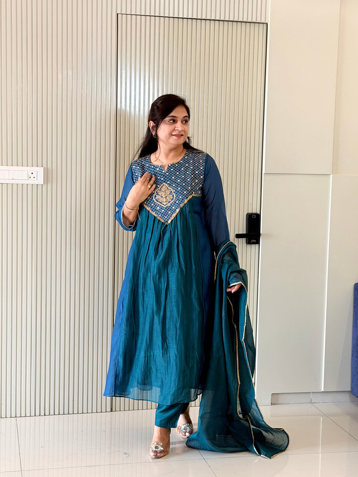 Sufia Blue Mul Chanderi HandEmbroidered A-line Dupatta Set