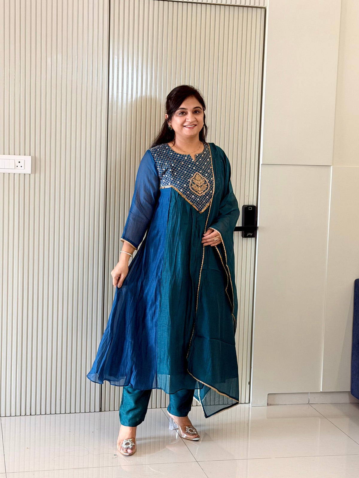 Sufia Blue Mul Chanderi HandEmbroidered A-line Dupatta Set