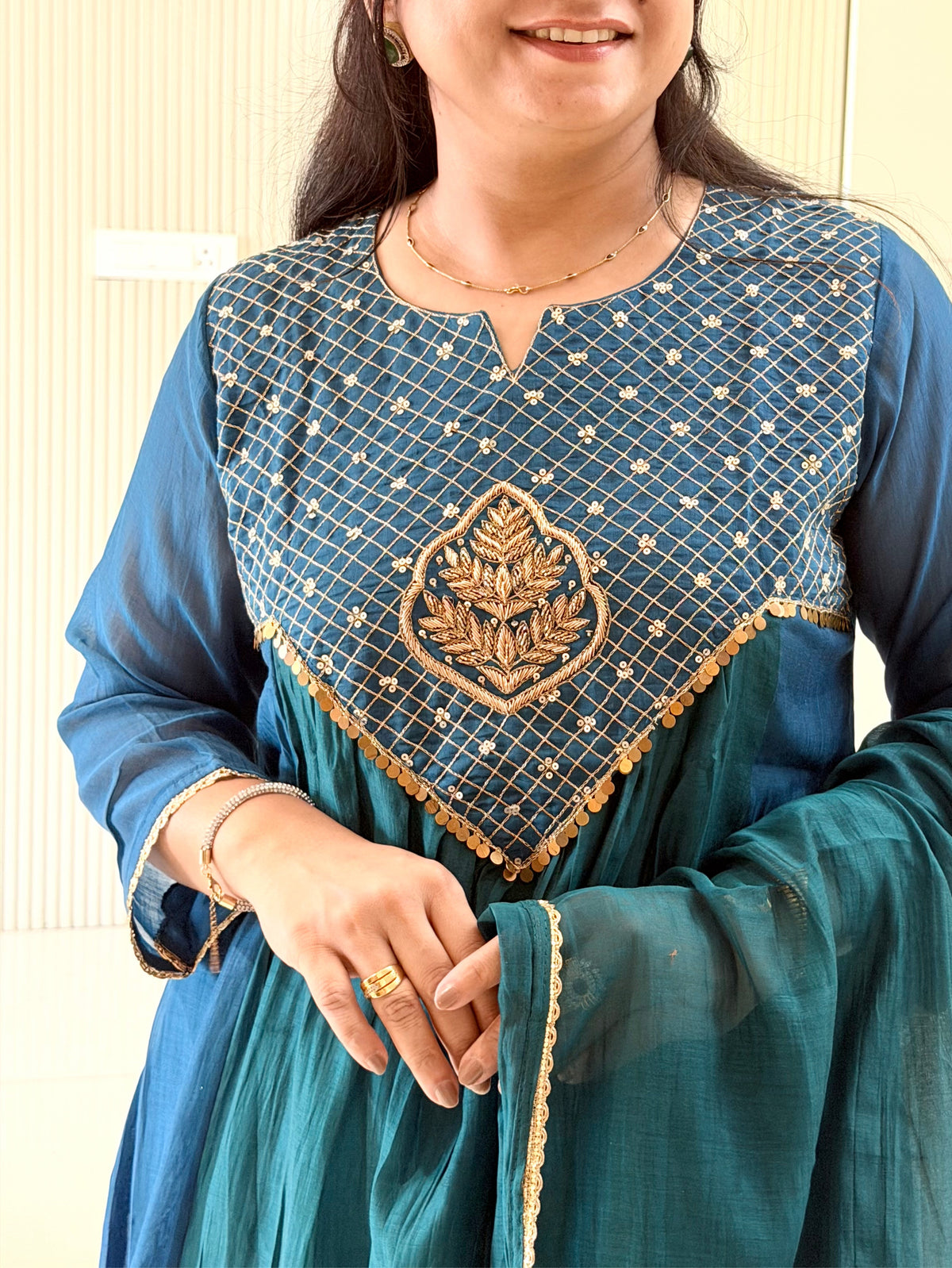 Sufia Blue Mul Chanderi HandEmbroidered A-line Dupatta Set