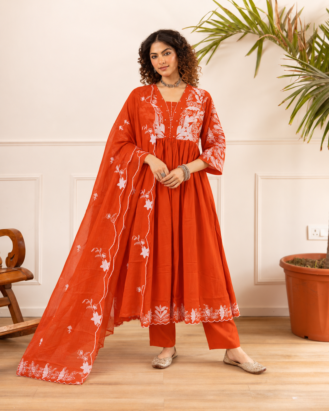 Ruksaar Rust Mul Cotton Embroidered A-line Dupatta Set