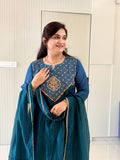 Sufia Blue Mul Chanderi HandEmbroidered A-line Dupatta Set