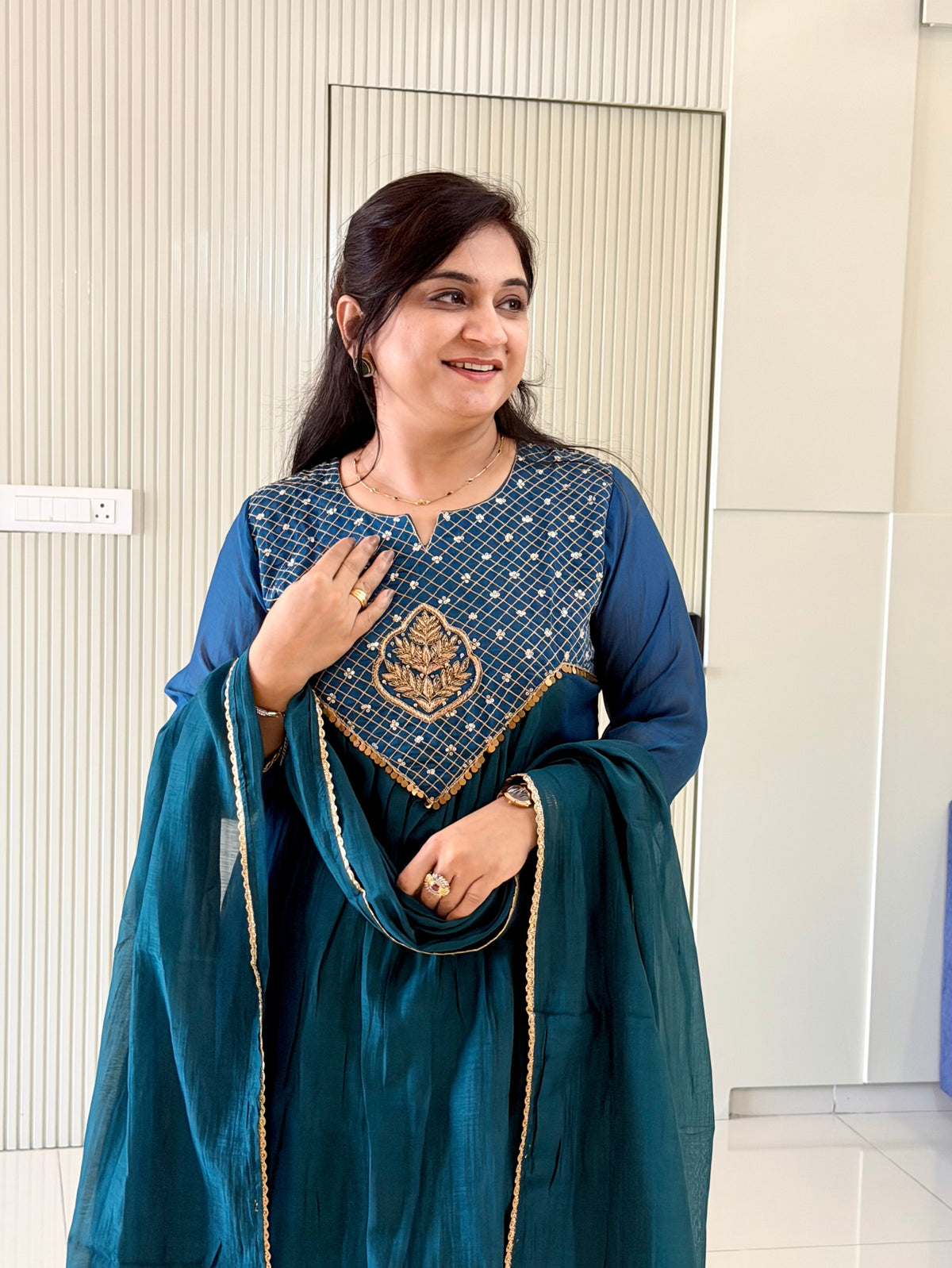 Sufia Blue Mul Chanderi HandEmbroidered A-line Dupatta Set