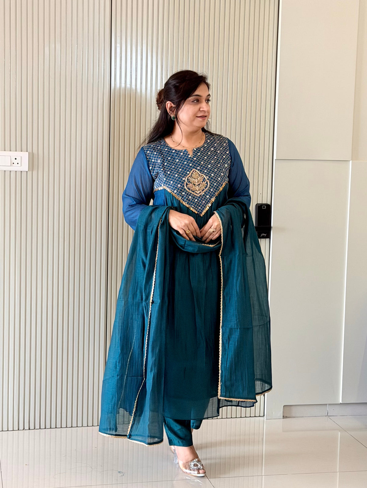 Sufia Blue Mul Chanderi HandEmbroidered A-line Dupatta Set