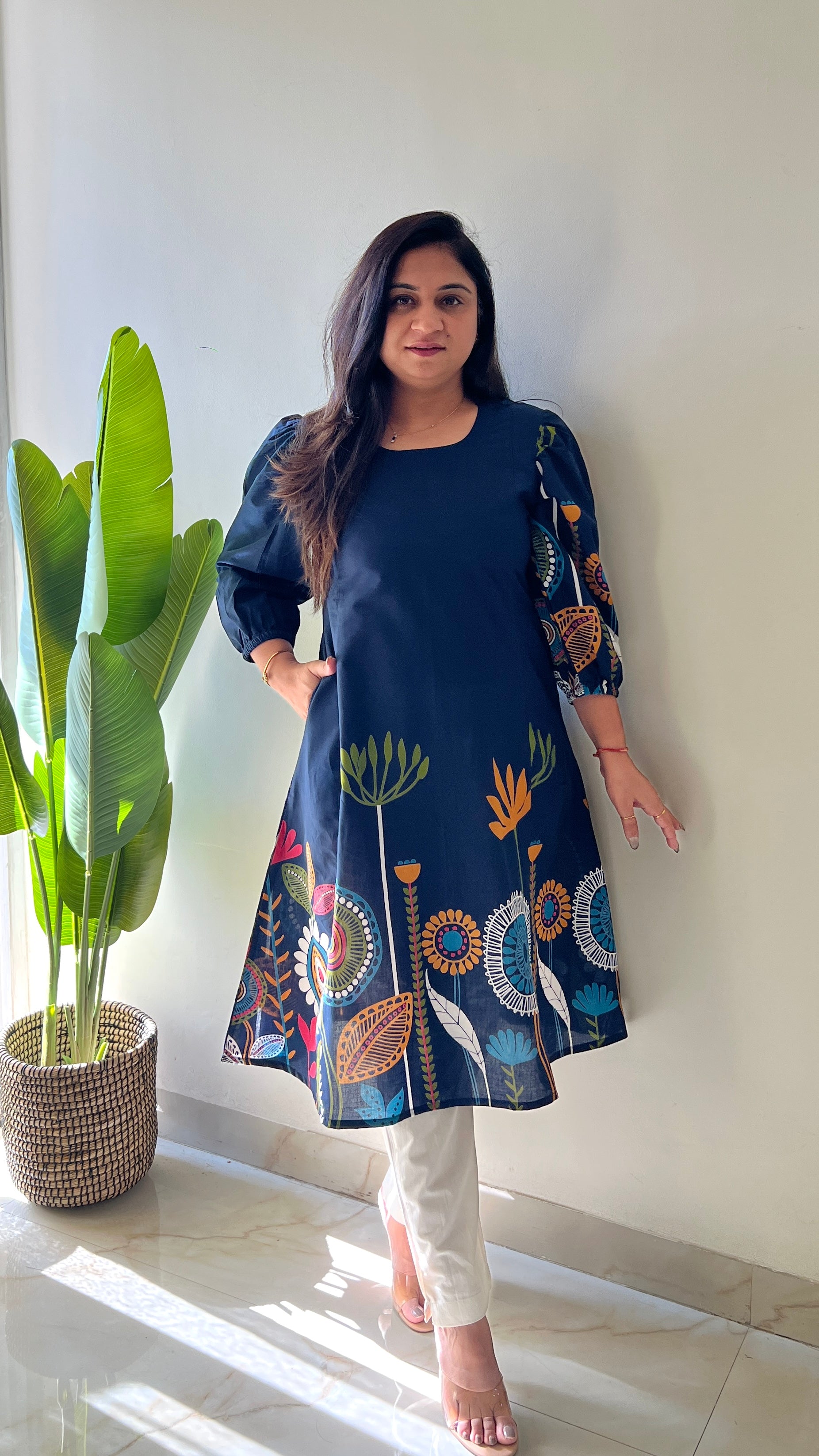 Blue Cotton Floral A-line Kurta