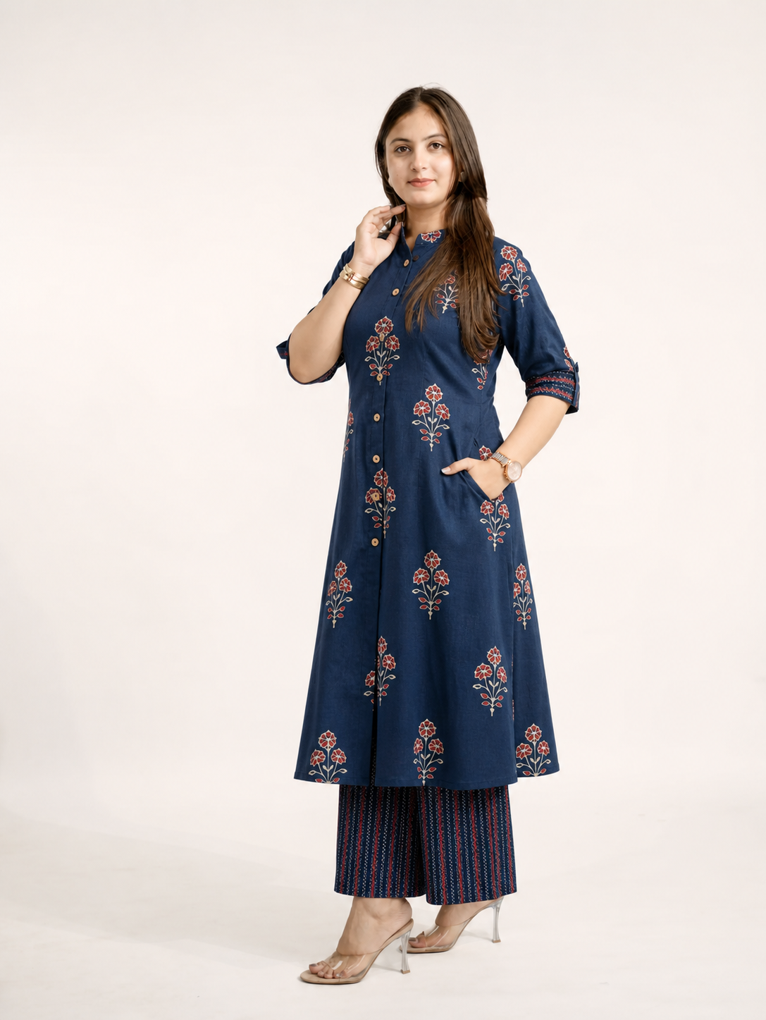 Liva Blue Floral A-line Cotton Kurta Set