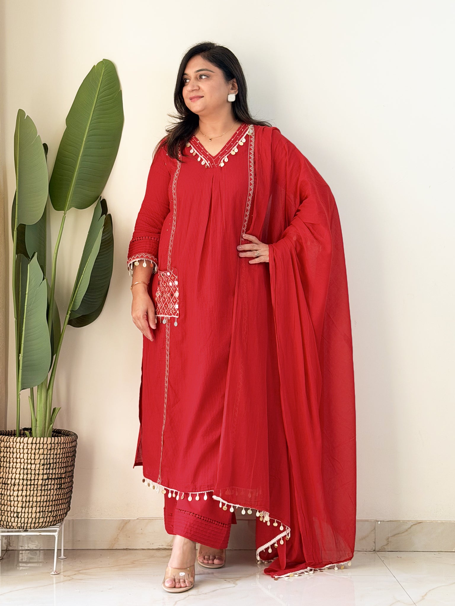 Avanti Red Premium Cotton HandEmbroidered Dupatta Set